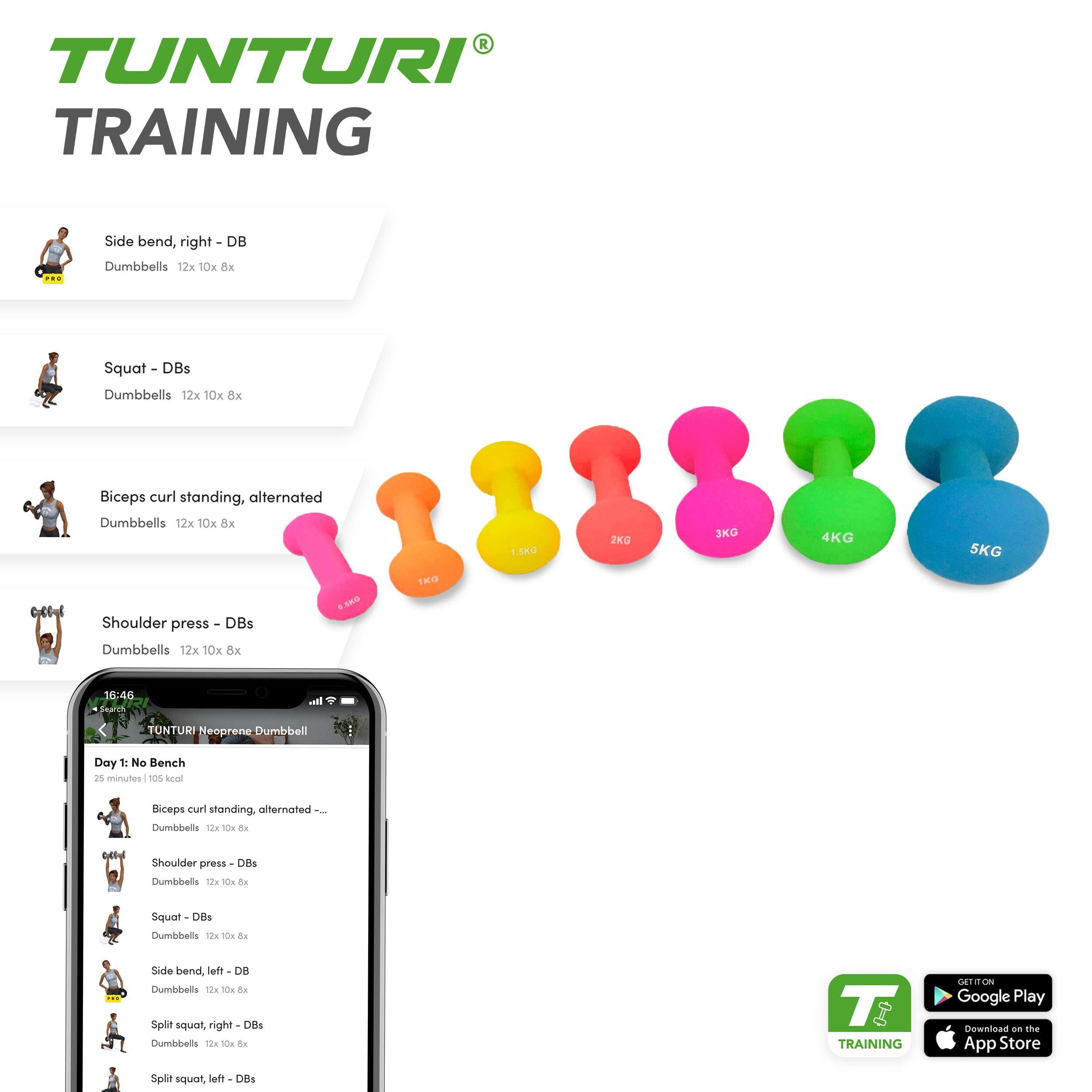 Tunturi Dumbbell 2er Set Kurzhantelset - Fitnessset - bunte Kurzhanteln mit Neopren