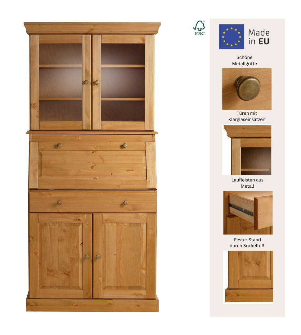 OTTO home Sekretär Rosi im Landhausstil, Schreibtisch aus Massivholz, mit Vitrine, in 2 Breiten