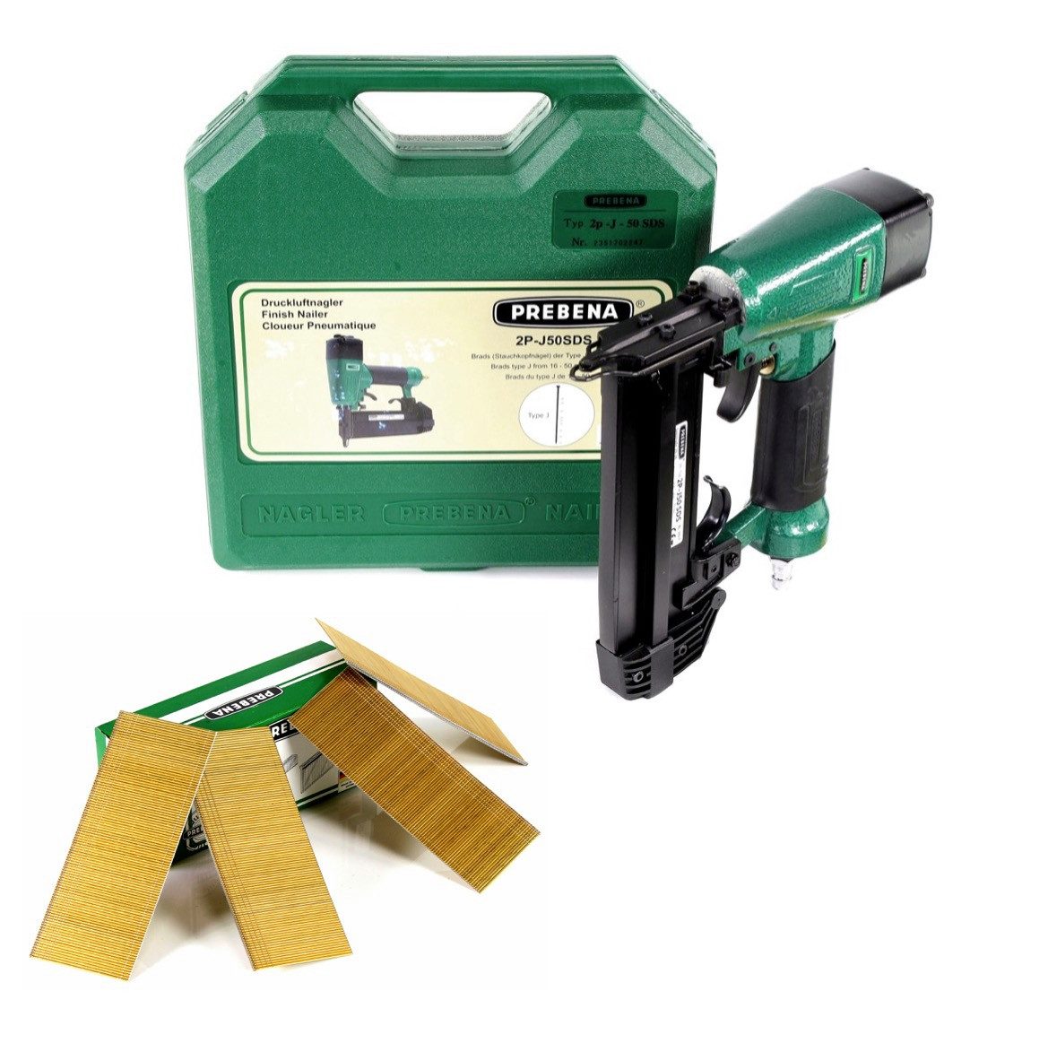 Prebena Druckluft-Nagler 2P-J50SDS Luftdruck Druckluftnagler 5-7 bar im Transportkoffer + Preb