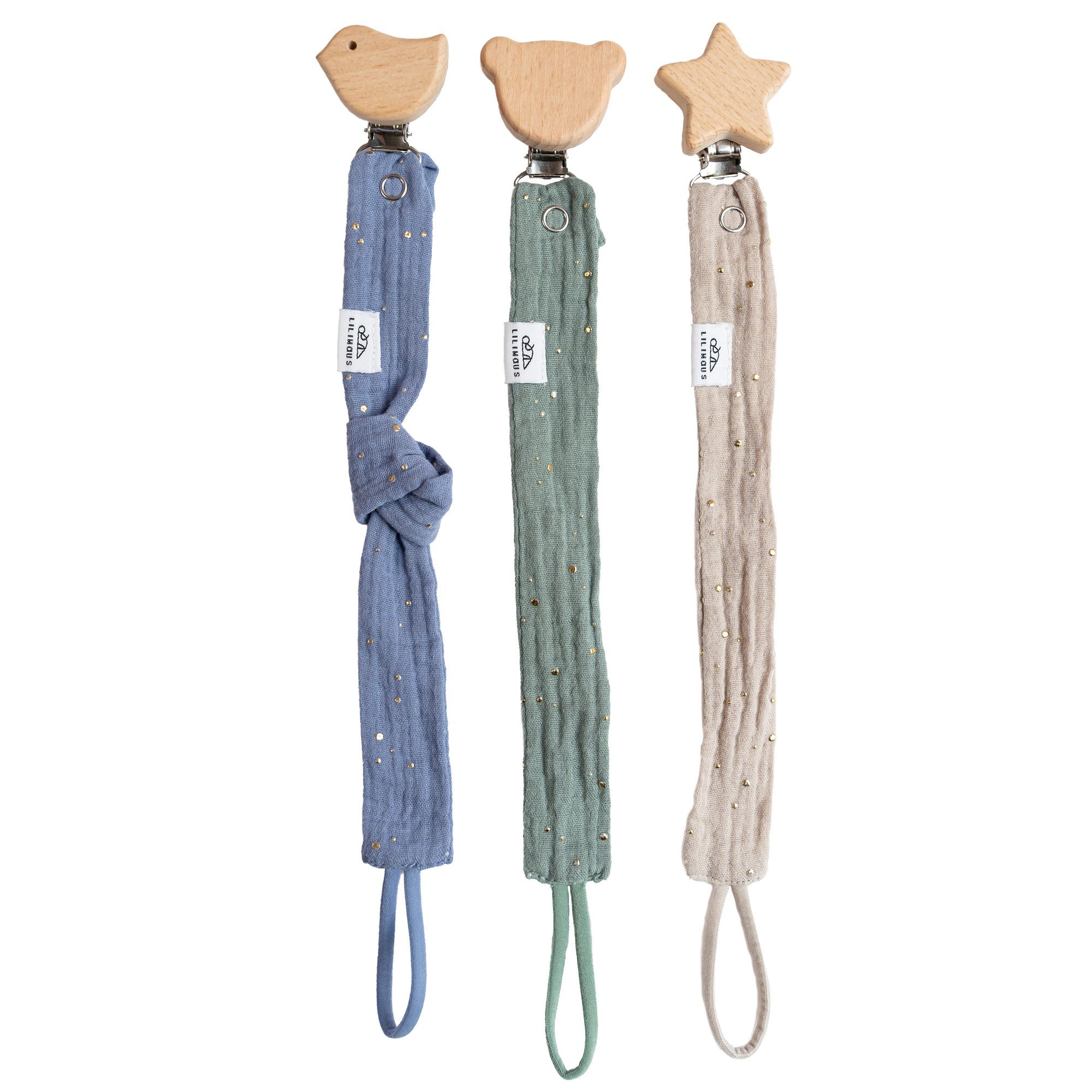 lilimaus Schnullerbefestigung Schnullerkette aus Musselin & Holz - handgemacht, (3-tlg), mit Holzclip & sicherer Länge - schadstoffgeprüfte Musselin-Baumwolle