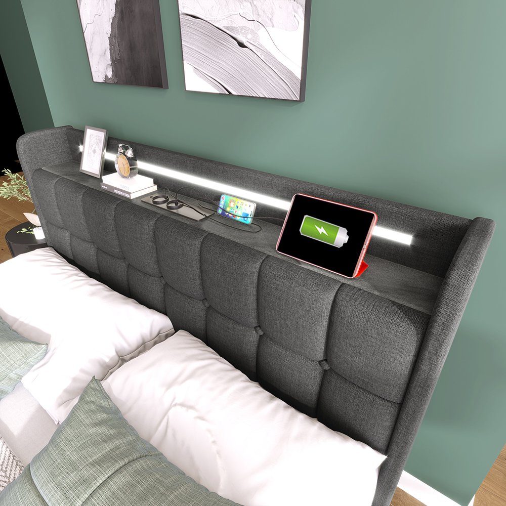 Polsterbett (Stauraumbett mit Lattenrost und Matratze), Einzelbett 90x200cm mit LED-Beleuchtung, Ladefunktion und 2 Schubladen