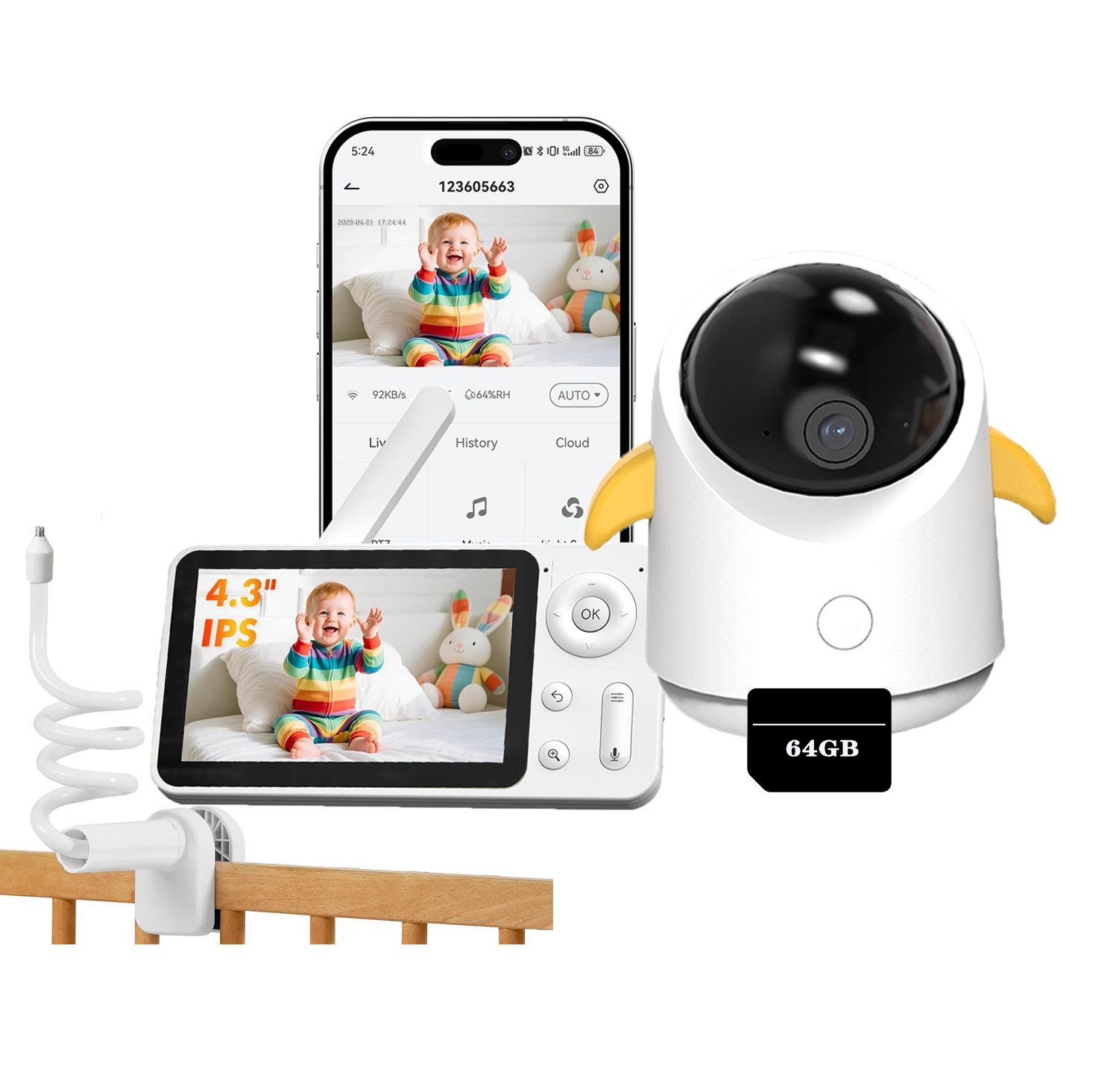 Video-Babyphone 4,3 Zoll Babyphone mit 360° Kamera, WLAN Video-Babyfon mit App