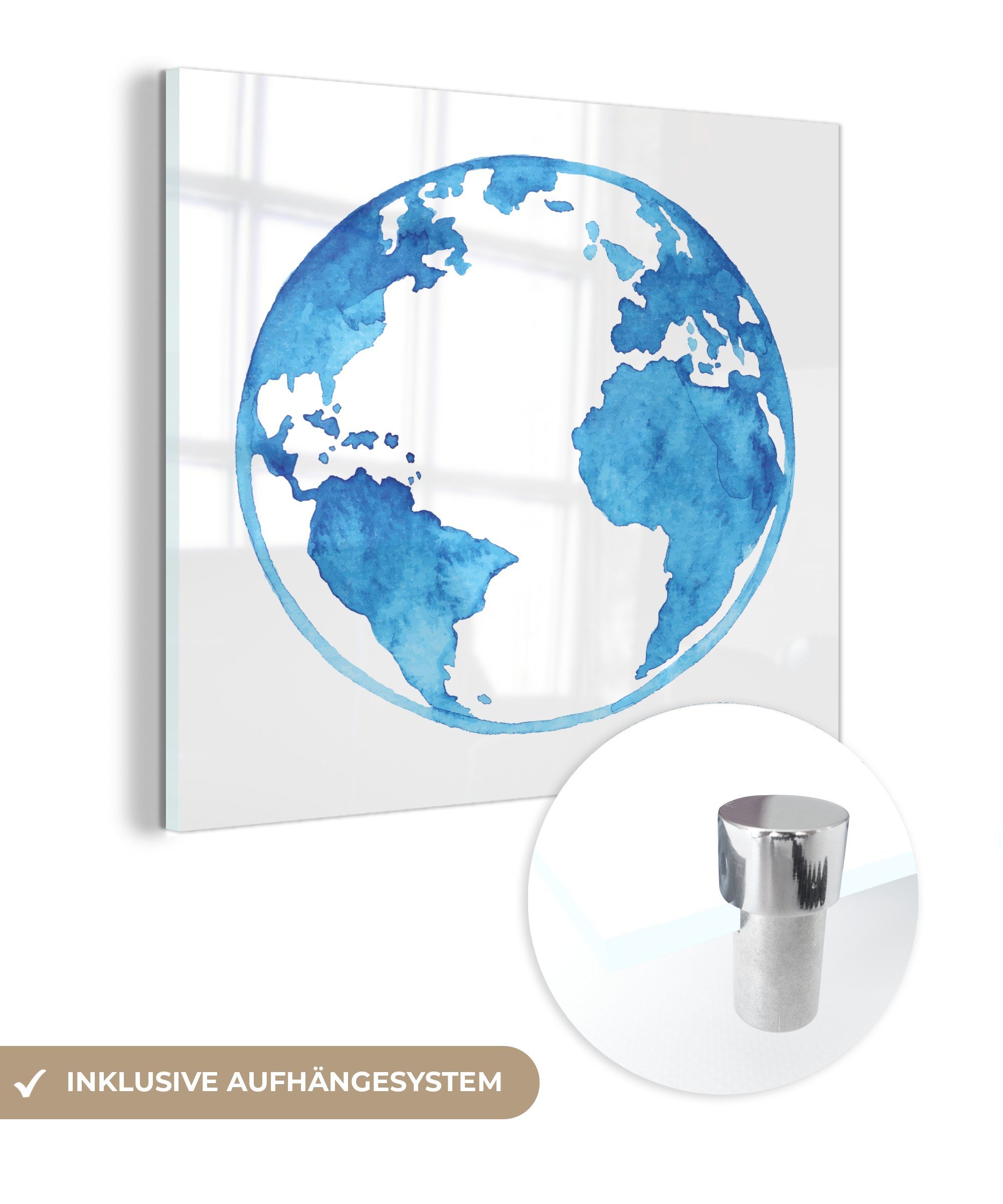 MuchoWow Acrylglasbild Aquarell-Globus-Illustration, auf (1 Wanddekoration - - Glas St), auf Bilder Foto - Glasbilder Glas Wandbild