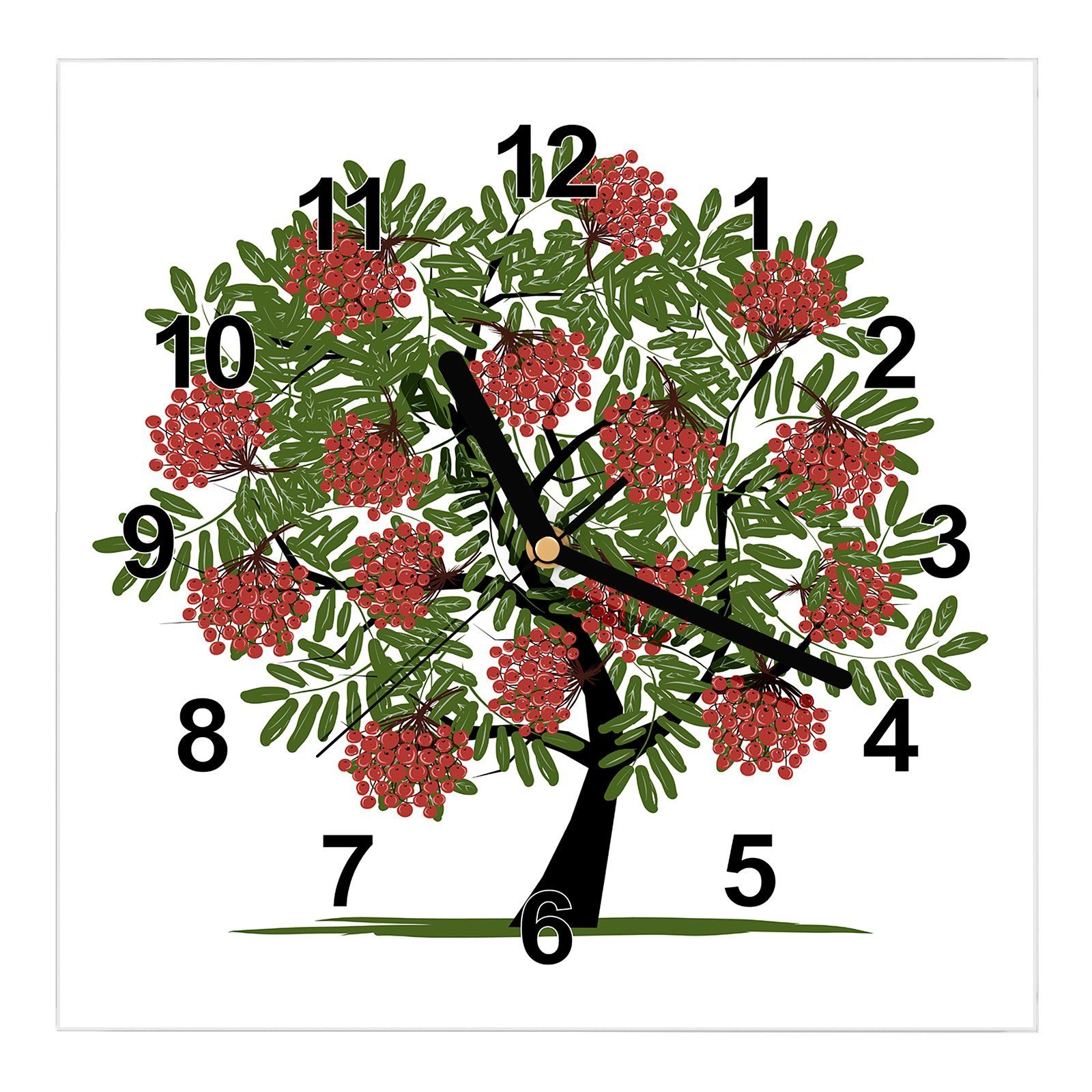 Primedeco Wanduhr Glasuhr Wanduhr Wandkunst Größe 30 x 30 cm mit Motiv Himbeerbaum Illustration