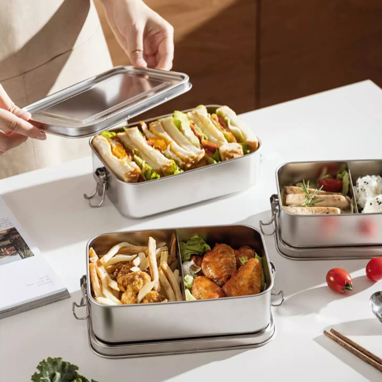 OSTWOLKE Lunchbox 850ml/1400ml Brotdose Edelstahl Auslaufsicher BPA frei mit Fächern, (1-tlg), für Erwachsene & Kinder