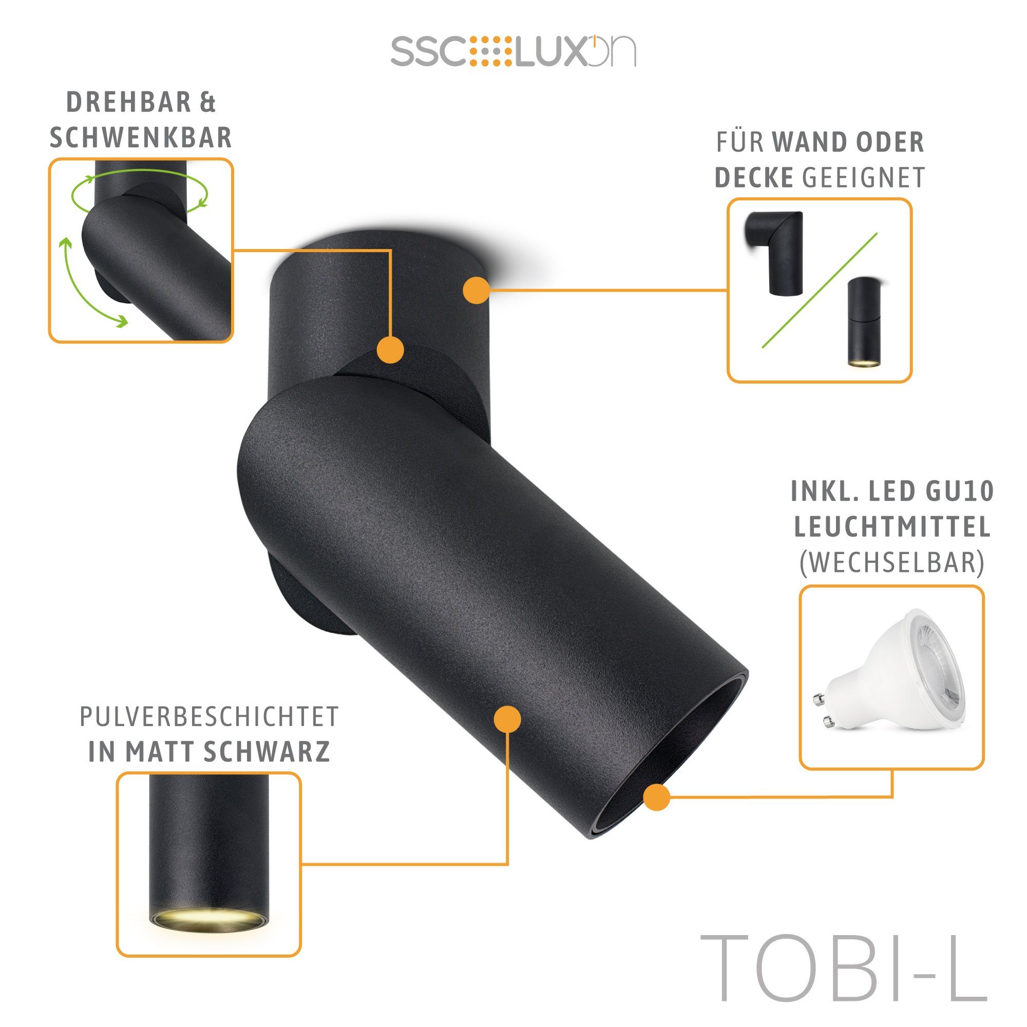 SSC-LUXon LED Aufbaustrahler TOBI-L Spot Strahler schwenkbar LED 3in1 GU10 dimmbar LumiFLEX 6W, Neutralweiß, Warmweiß, Tageslichtweiß