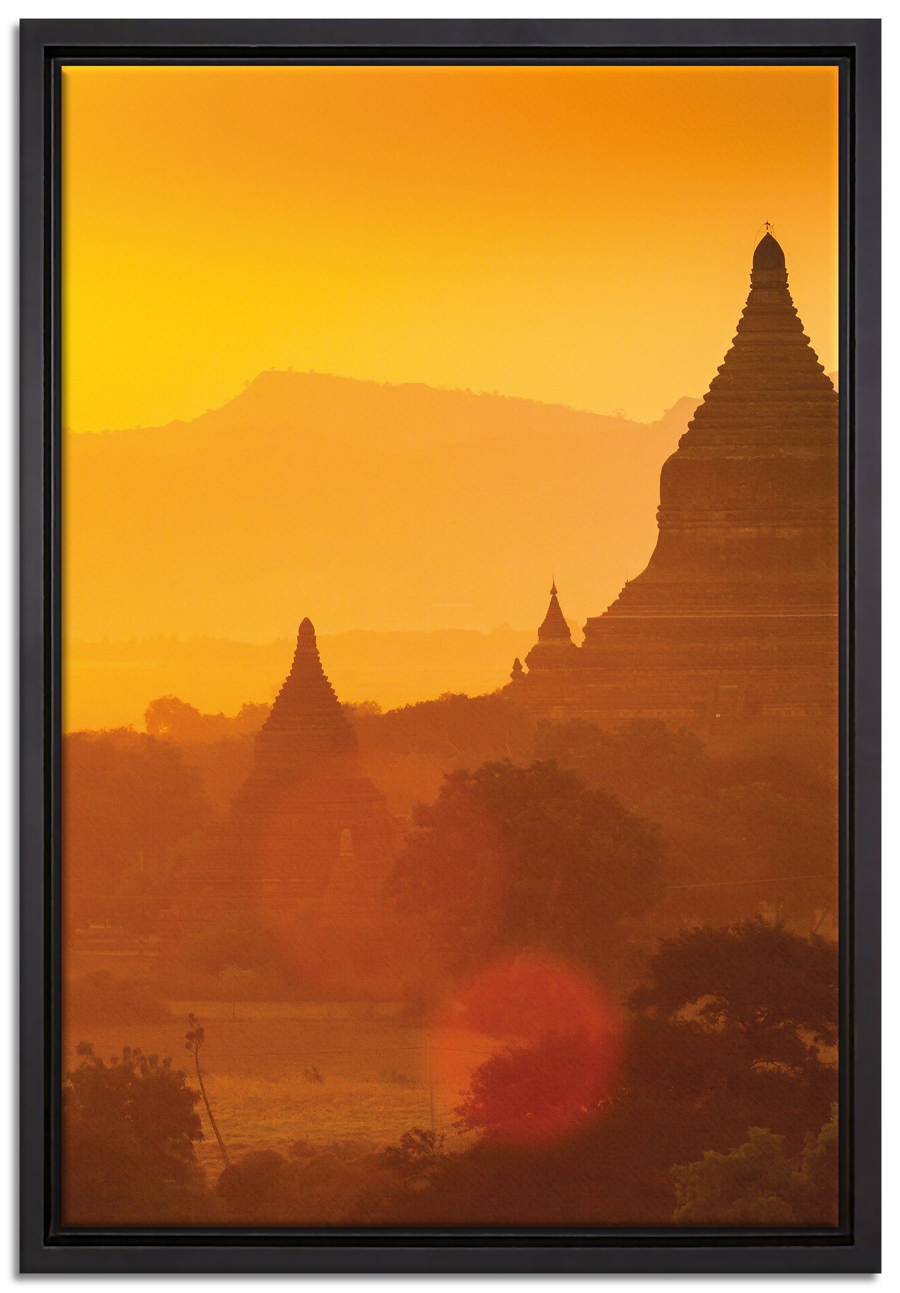 Pixxprint Leinwandbild Buddha Tempel im Sonnenuntergang, Wanddekoration (1 St), Leinwandbild fertig bespannt, in einem Schattenfugen-Bilderrahmen gefasst, inkl. Zackenaufhänger