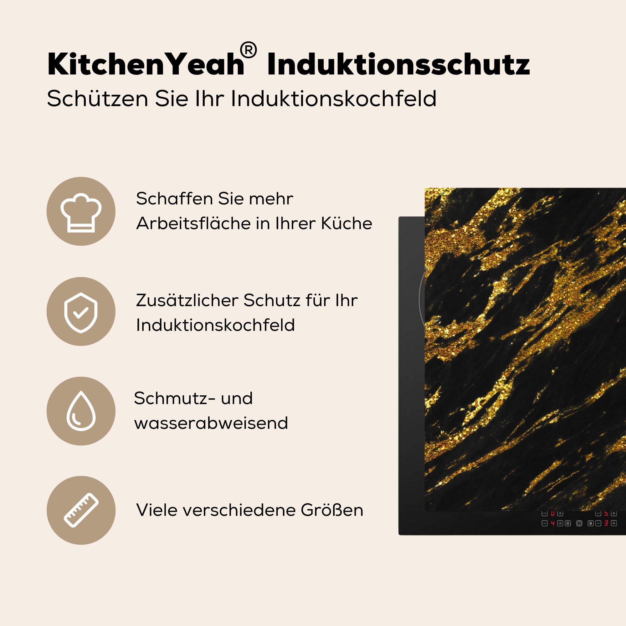 Arbeitsplatte - für MuchoWow Herdblende-/Abdeckplatte Gold Vinyl, Glitter - Schwarz, tlg), (1 - küche Marmor 78x78 cm, Ceranfeldabdeckung,