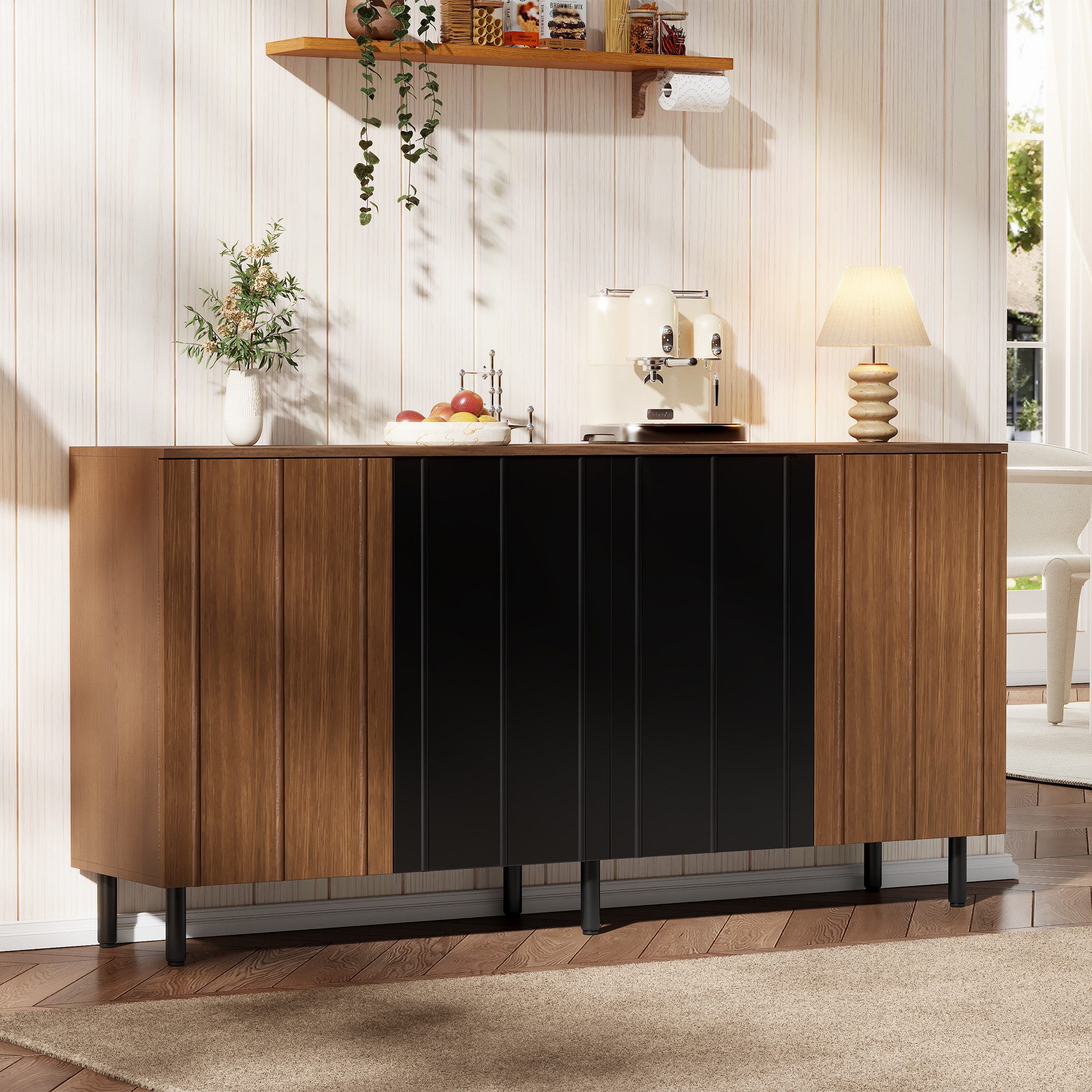 Merax Sideboard in Nussbaum Optik mit schwarzen Akzenten (1 St., Aufbewahrungsschrank Küchenbuffet 160x35x80 cm), Kommode mit 4 Türen, verstellbaren Regalböden  – Bild 2 von 5
