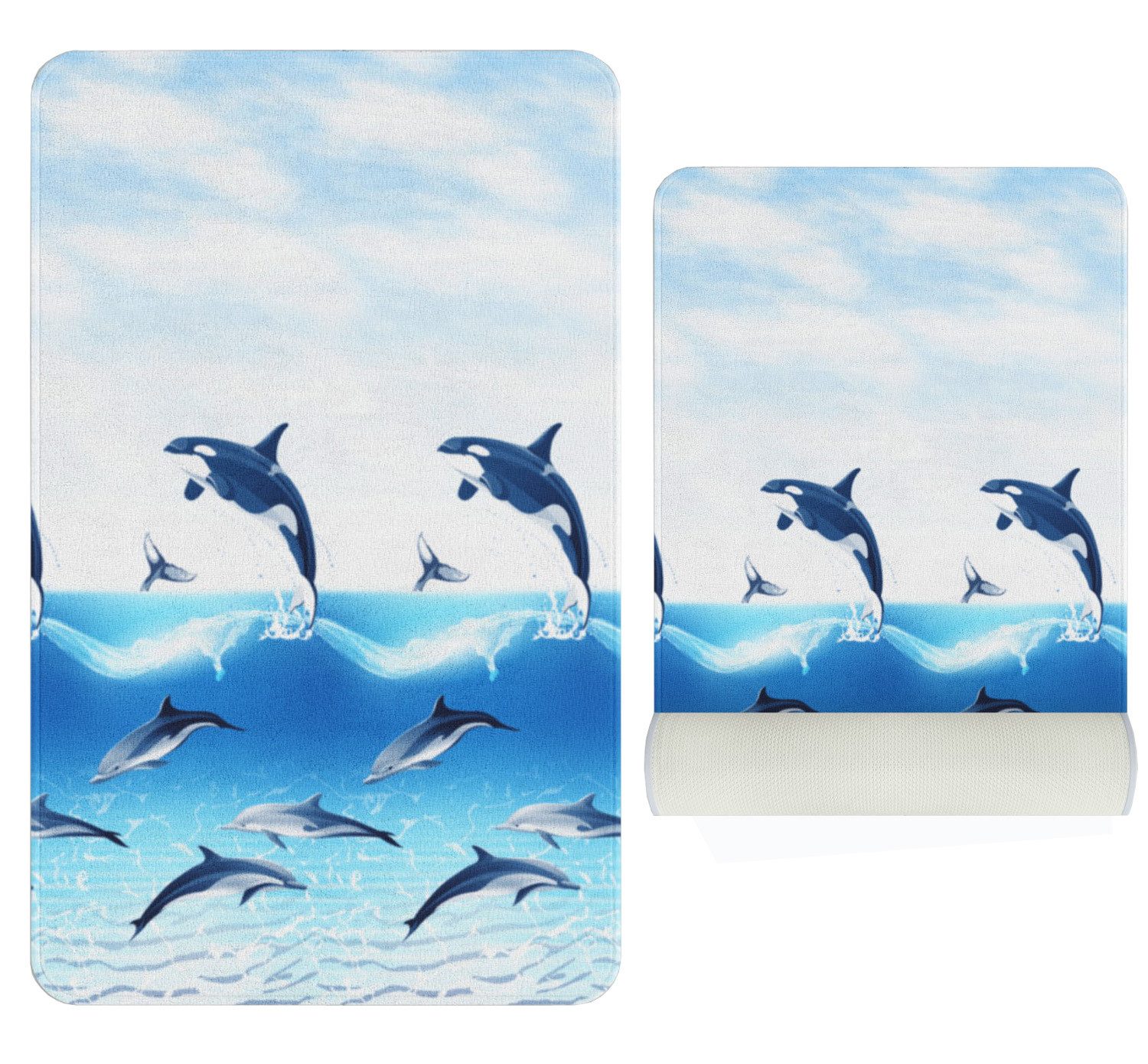 Ekershop Badematte Delfin im Meer Badteppich Badvorleger für Dusche WC Duschvorhang, rutschhemmend beschichtet, fußbodenheizungsgeeignet, schnell trocknend, Polyester, 50 cm x 60 cm, Delphine