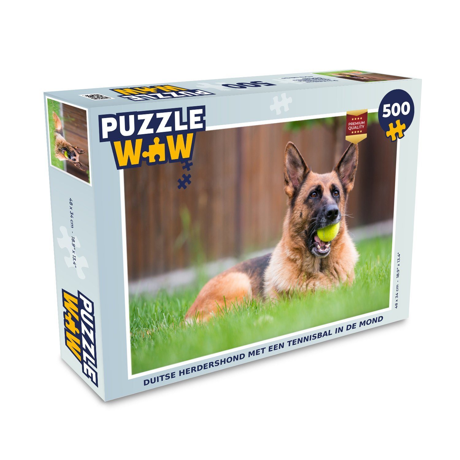 MuchoWow Puzzle Deutscher Schäferhund mit 500 Puzzlespiele, Foto-Puzzle, einem Spielzeug Maul, im Puzzleteile, Tennisball Bilderrätsel