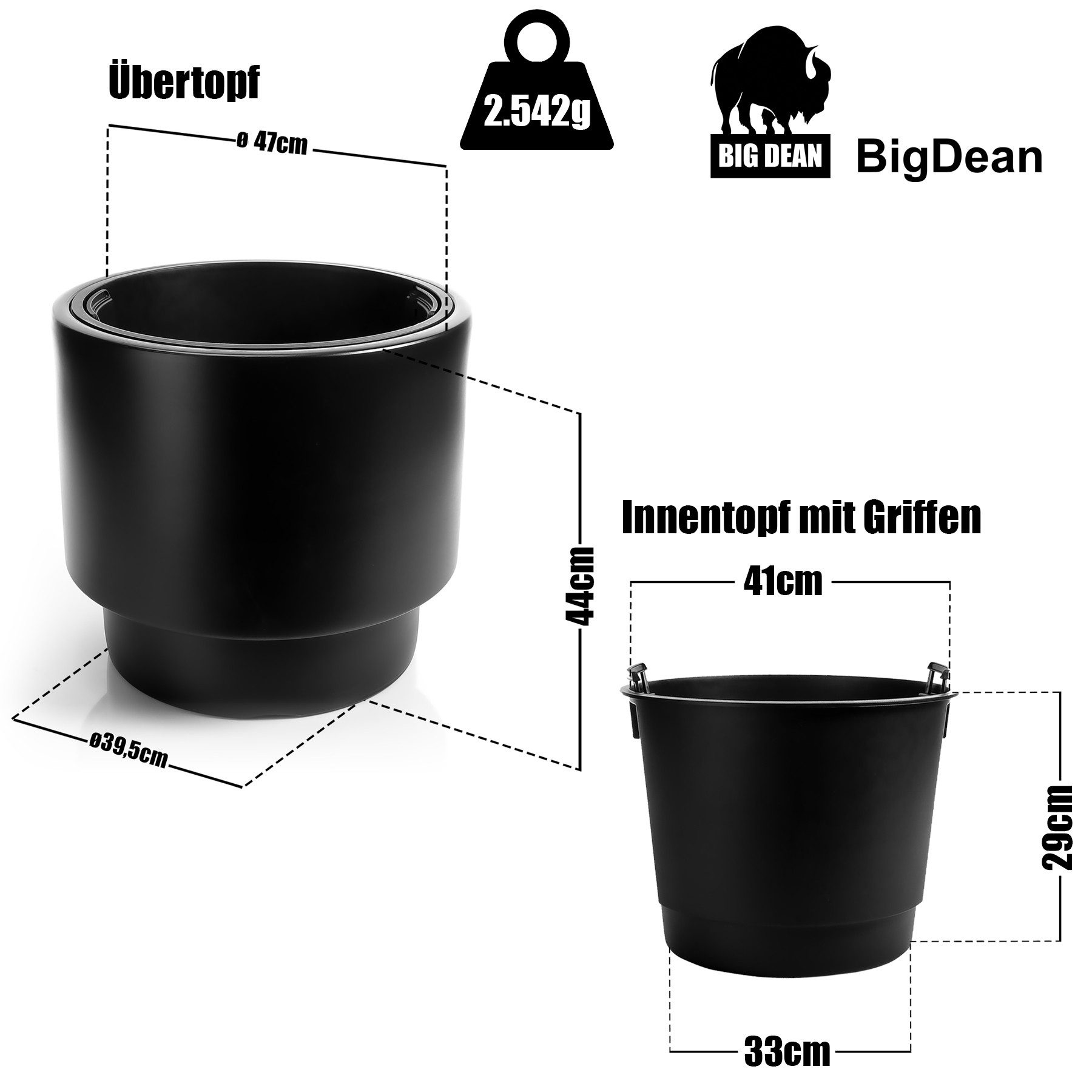 BigDean Blumentopf Pflanzkübel Design mit Einsatz rund ø 47 cm (Set, 1 St., 1 Pflanztopf + 1 Übertopf), Übertopf & Topf, 47cm Durchmesser, Schwarz, Wetterfest & Bruchsicher