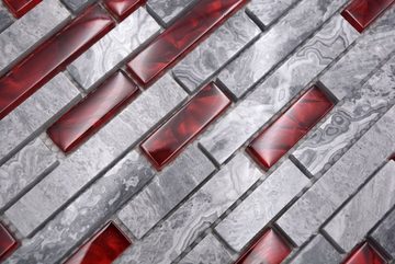 Mosani Mosaikfliesen Glasmosaik Naturstein Mosaik grau mit rot glänzend / 10 Matten, Set, 10-teilig, Wandverkleidung