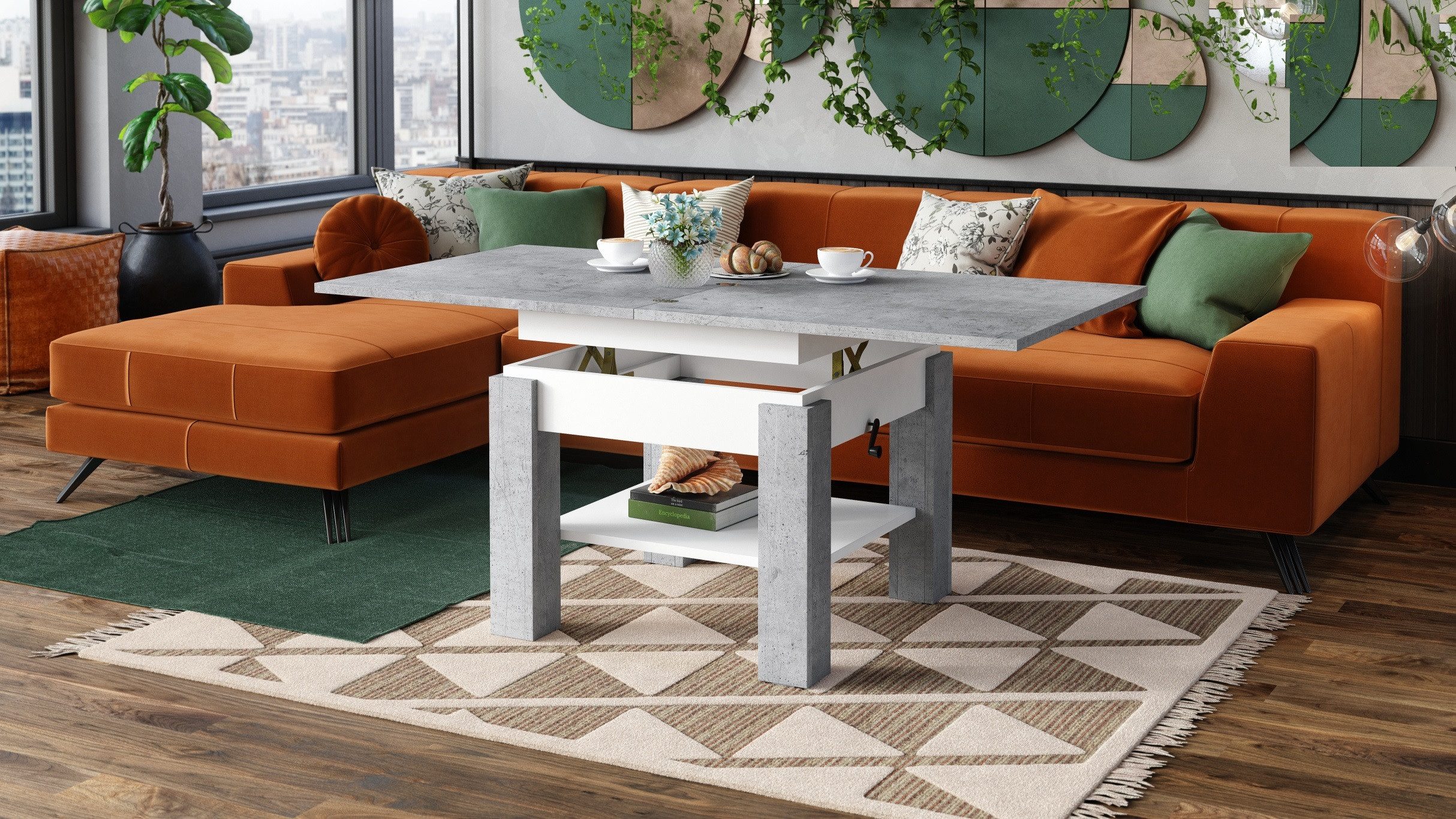 designimpex Couchtisch Design Cleo stufenlos höhenverstellbar aufklappbar Esstisch