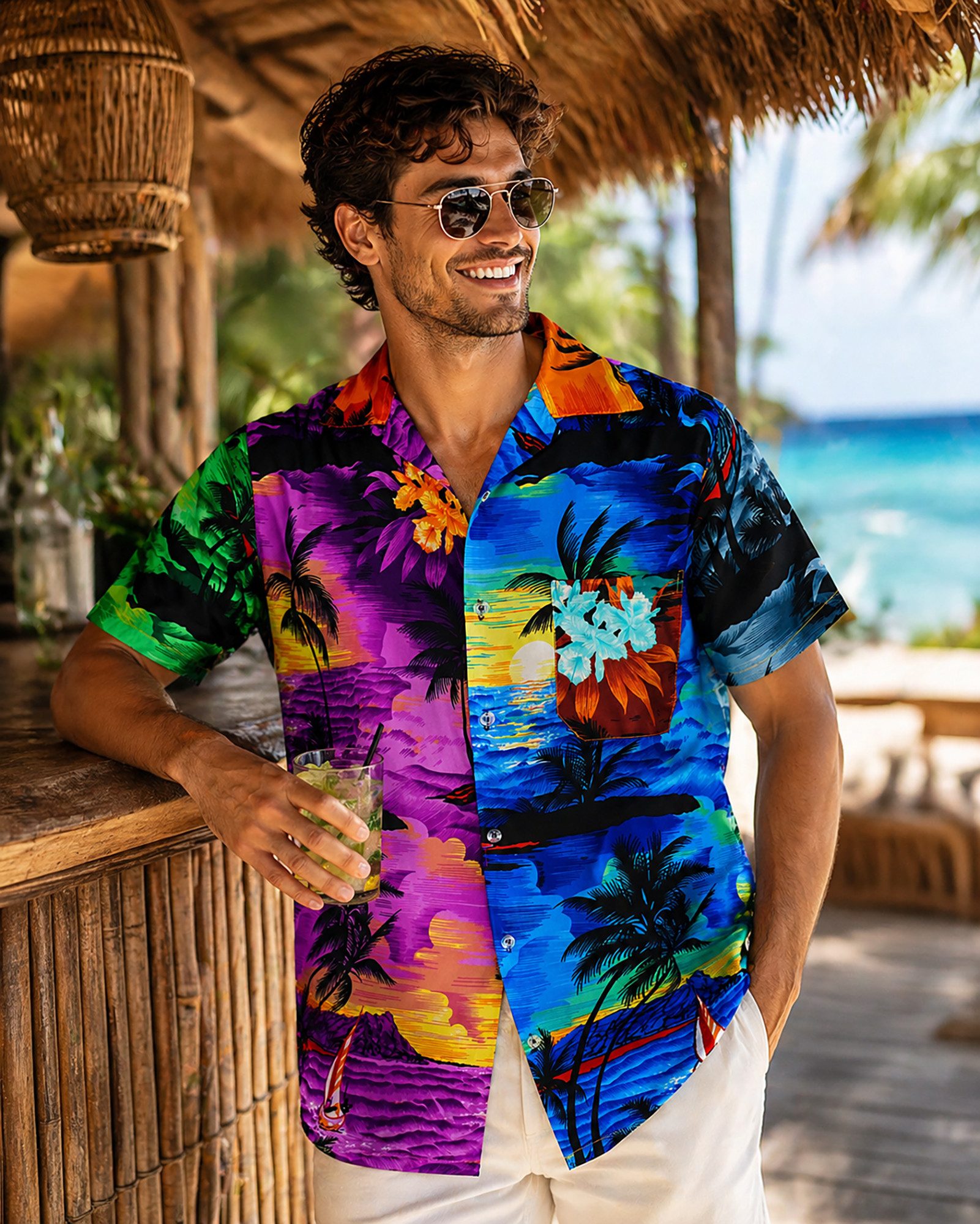 King Kameha Hawaiihemd "Surf" Funky Hawaii-Hemd Herren Kurzarm Front-Tasche Sommerhemd