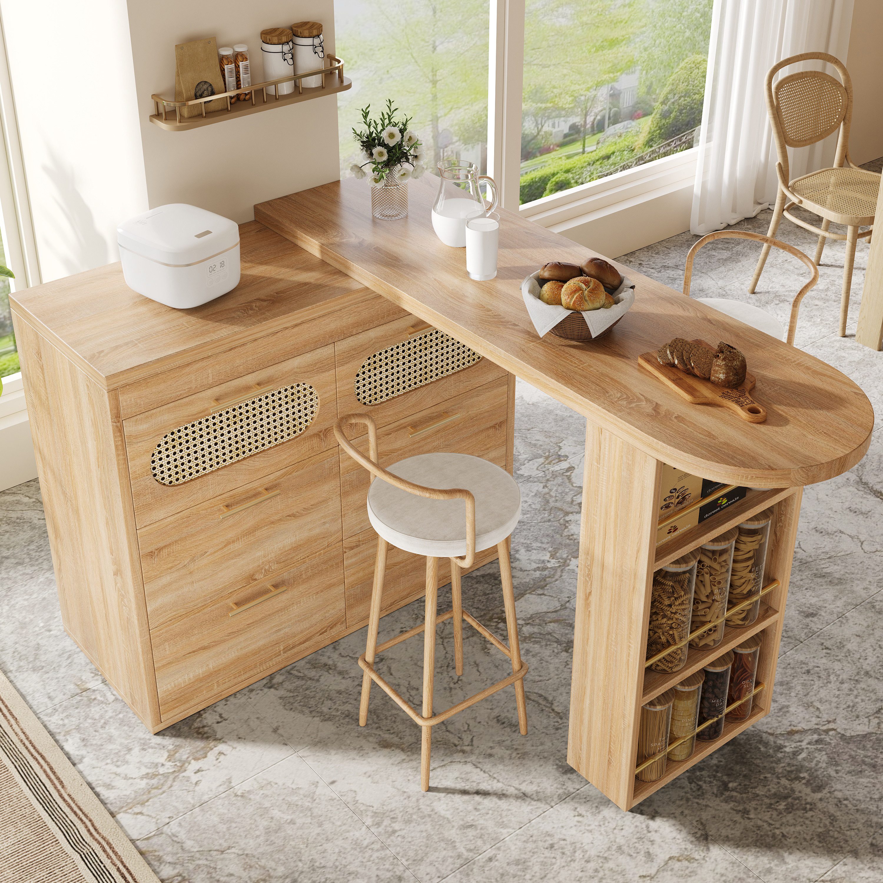 Flieks Bartisch 360° drehbar Stehtisch & Kommode mit Rattan-Schubladen (Set, 2-St., schwenkbarer Tisch mit Schrank), ausziehbar Esstisch mit Ablagen und Rollen Sideboard Holzoptik