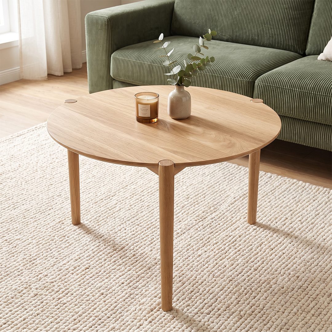 skølm Couchtisch Åsarna aus Eiche Massivholz (70 cm, geölt & lackiert), natur, bis 10kg belastbar, Beistelltisch rund, Sofatisch mit 3 Beinen