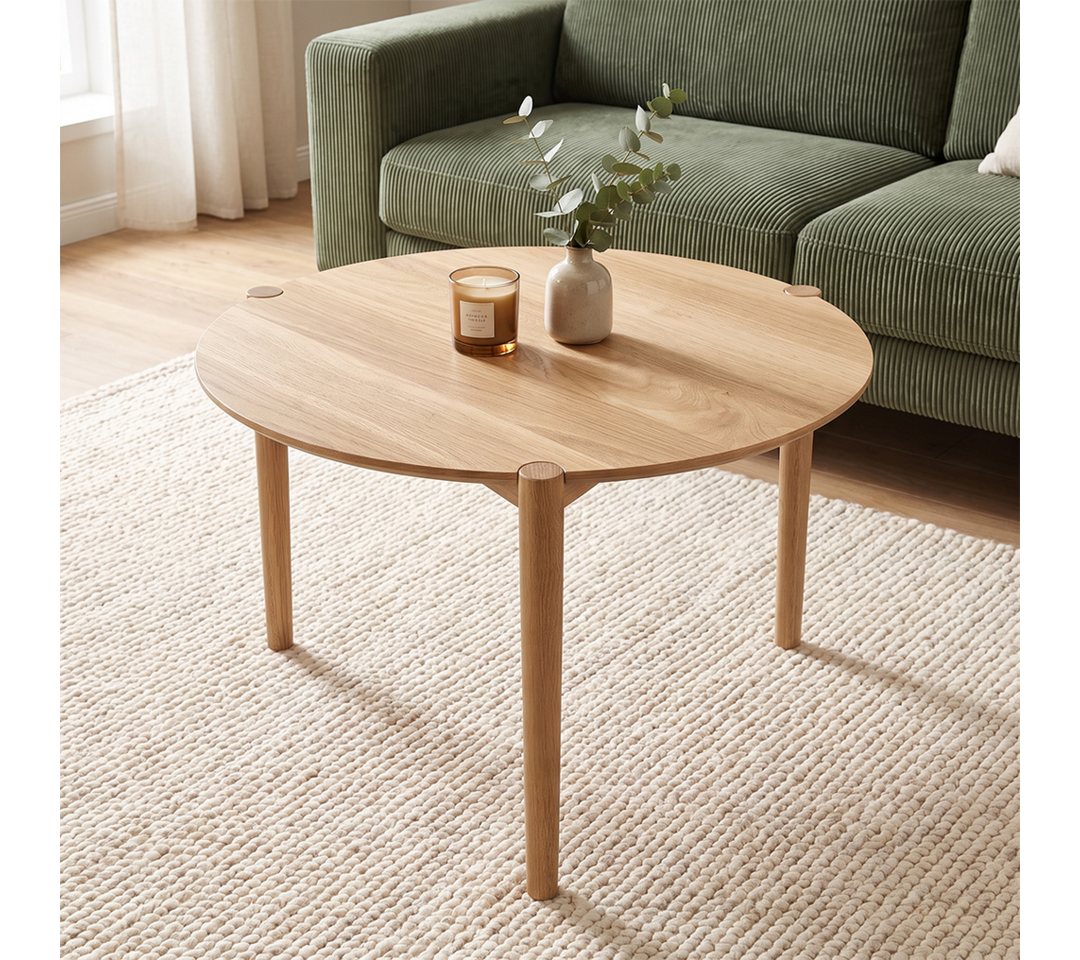 skølm Couchtisch Åsarna aus Eiche Massivholz (70 cm, geölt & lackiert), natur, bis 10kg belastbar, Beistelltisch rund, Sofatisch mit 3 Beinen
