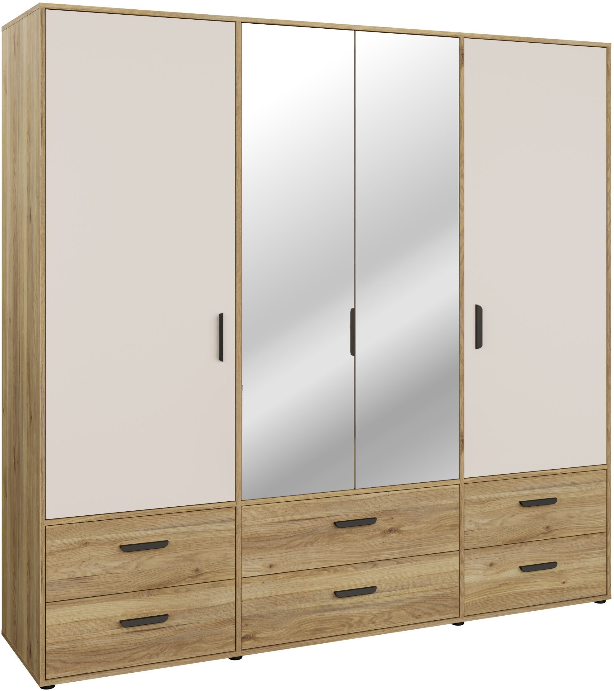FORTE Drehtürenschrank Schrank mit Spiegel, zeitloses Design, 4türig viel Stauraum, Schubladen, Spiegeltürenm Höhe 200 cm