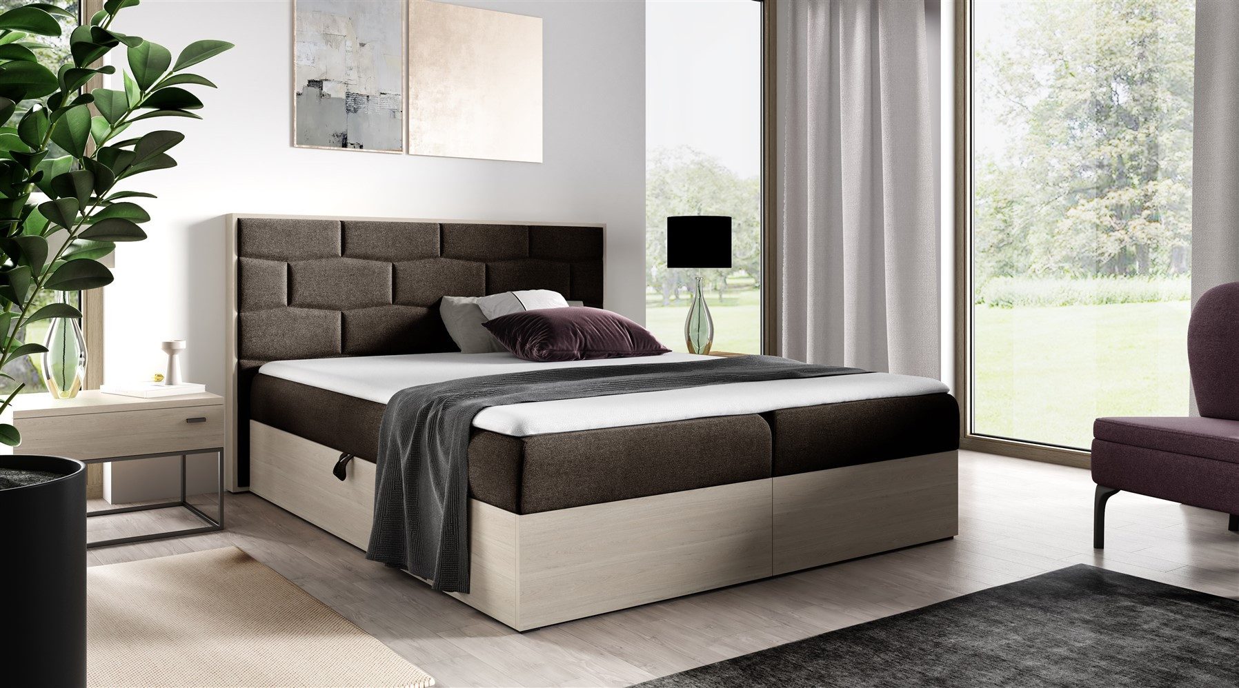 Fun Möbel Boxbett Schlafzimmerbett BEILA Nordic-Teak-Optik (inkl. Bettkasten, inkl. Topper), Stoff Faro