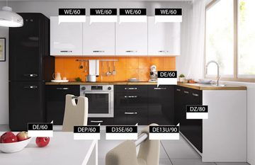 Feldmann-Wohnen Winkelküche Essen, 303cm weiß/ weiß Hochglanz + schwarz Hochglanz L-Form 10-teilig