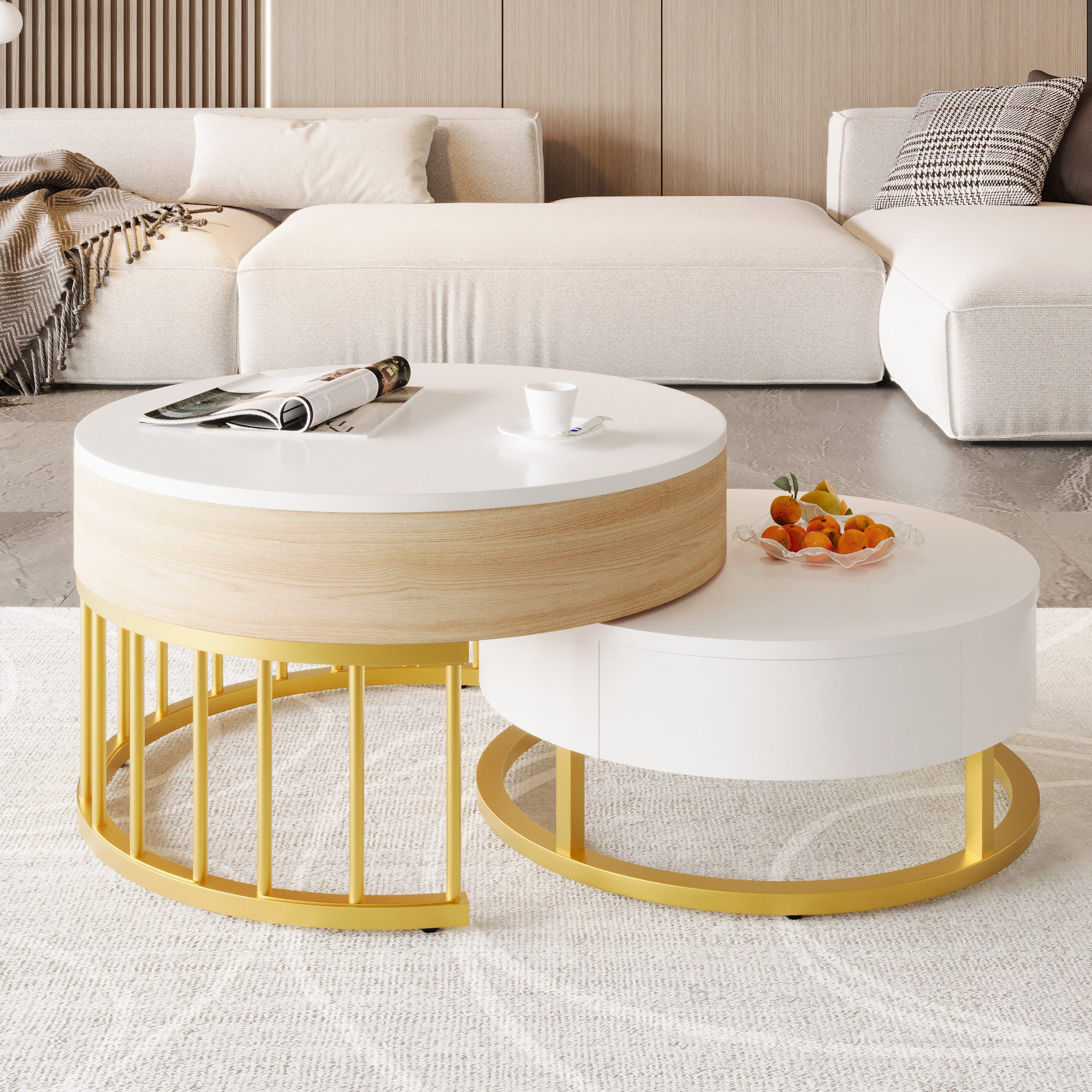 Merax Couchtisch Set mit goldenen Metallrahmen und Schubladen, mit ausziehbarer Tischplatte, Satztisch mit Stauraum, Kaffeetisch