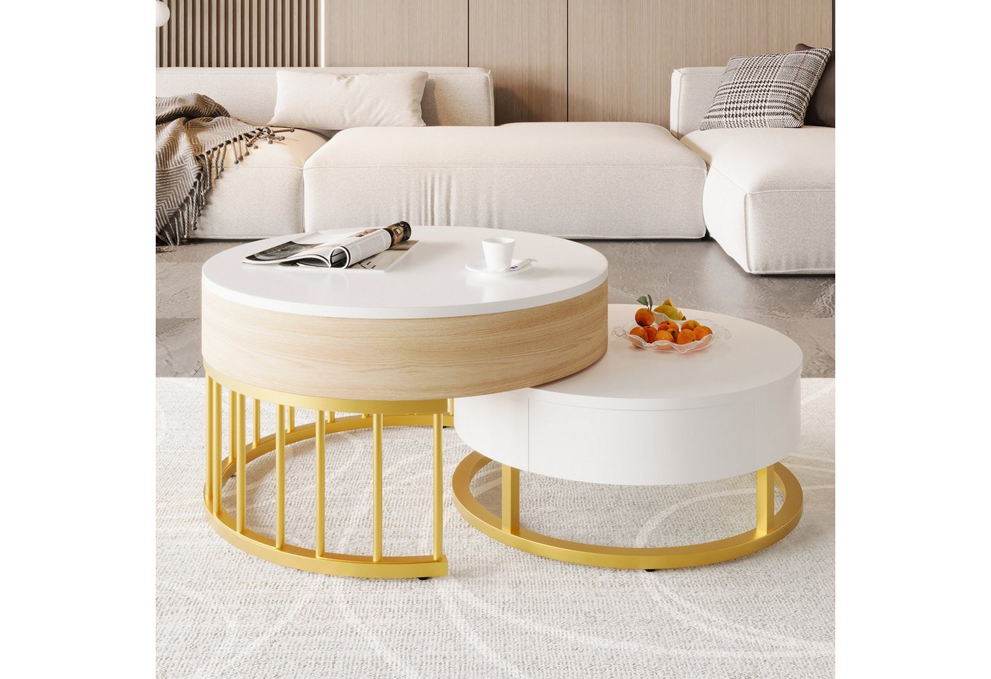 Merax Couchtisch Set mit goldenen Metallrahmen und Schubladen, mit ausziehbarer Tischplatte, Satztisch mit Stauraum, Kaffeetisch