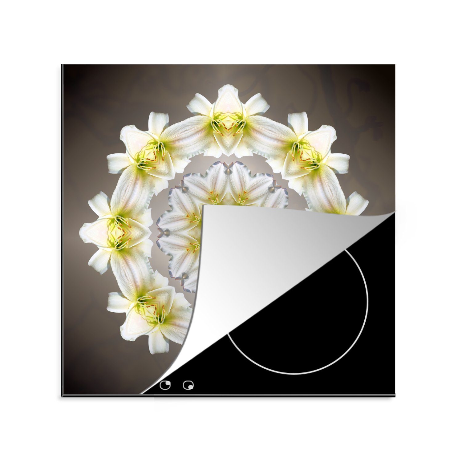 MuchoWow Herdblende-/Abdeckplatte Eine weiße Blume in Form eines Mandalas, Vinyl, (1 tlg), 78x78 cm, Ceranfeldabdeckung, Arbeitsplatte für küche