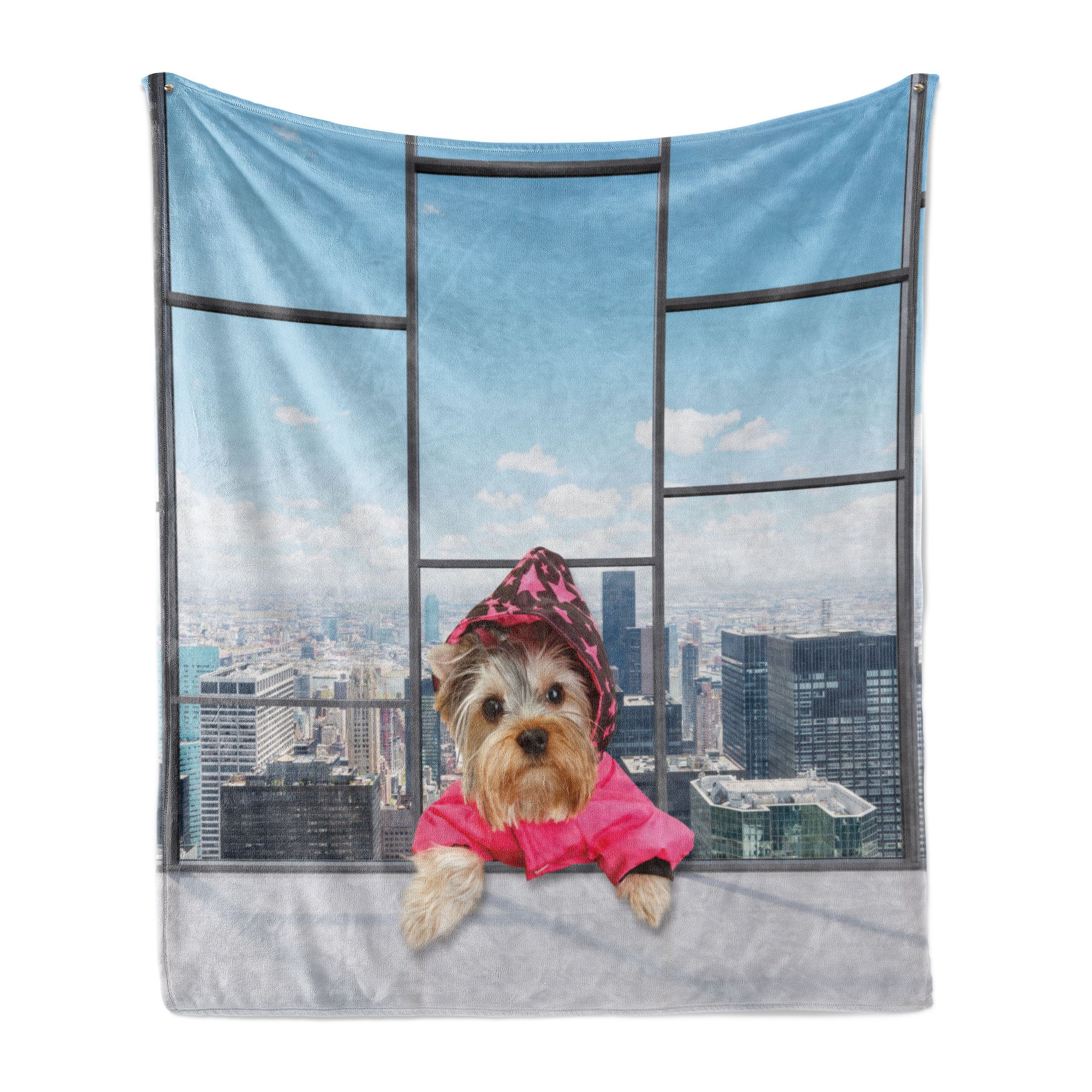Wohndecke Gemütlicher Plüsch für den Innen- und Außenbereich, Abakuhaus, Zitat Skurril Hund in einem Regenmantel