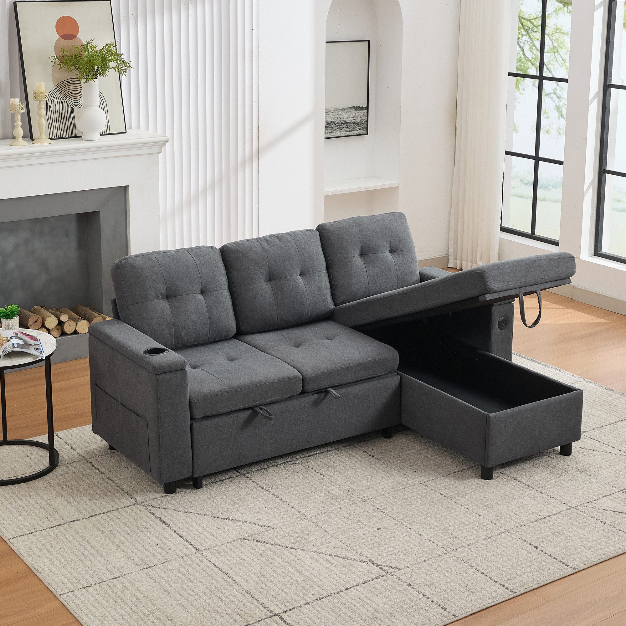 Merax Schlafsofa L-förmiges Ecksofa mit LED-Ambiente & USB/Typ-C, 208×146×89,5 cm 1 Teile, 3-in-1 Klappsofa mit verstecktem Stauraum,Getränkehalter,Seitentaschen