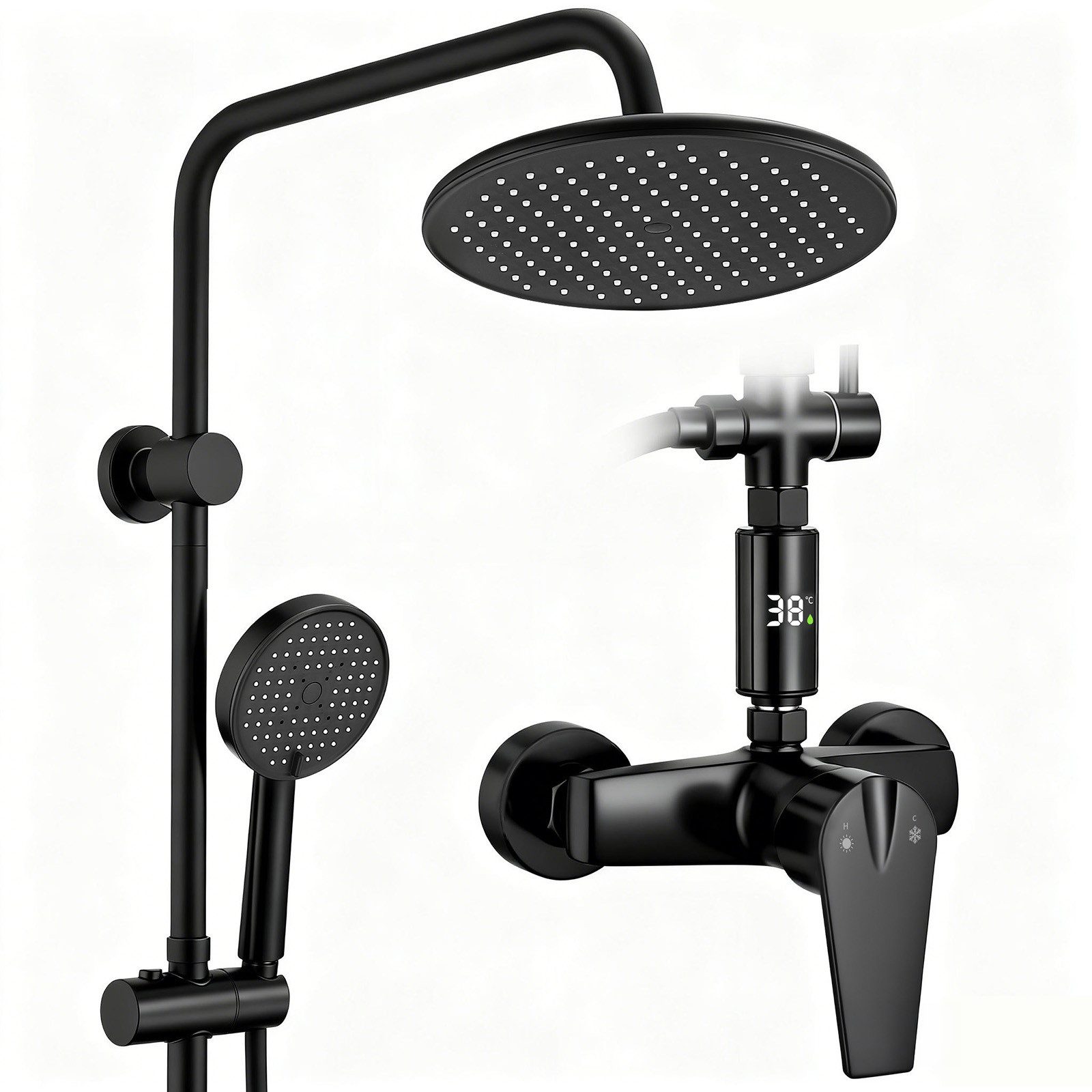 DESFAU Duschsystem Regendusche 10 Zoll LED Temperaturanzeige 2 Funktionen, 3 Strahlarten, höhenverstellbar, kein zweites Bohren,Schwarz