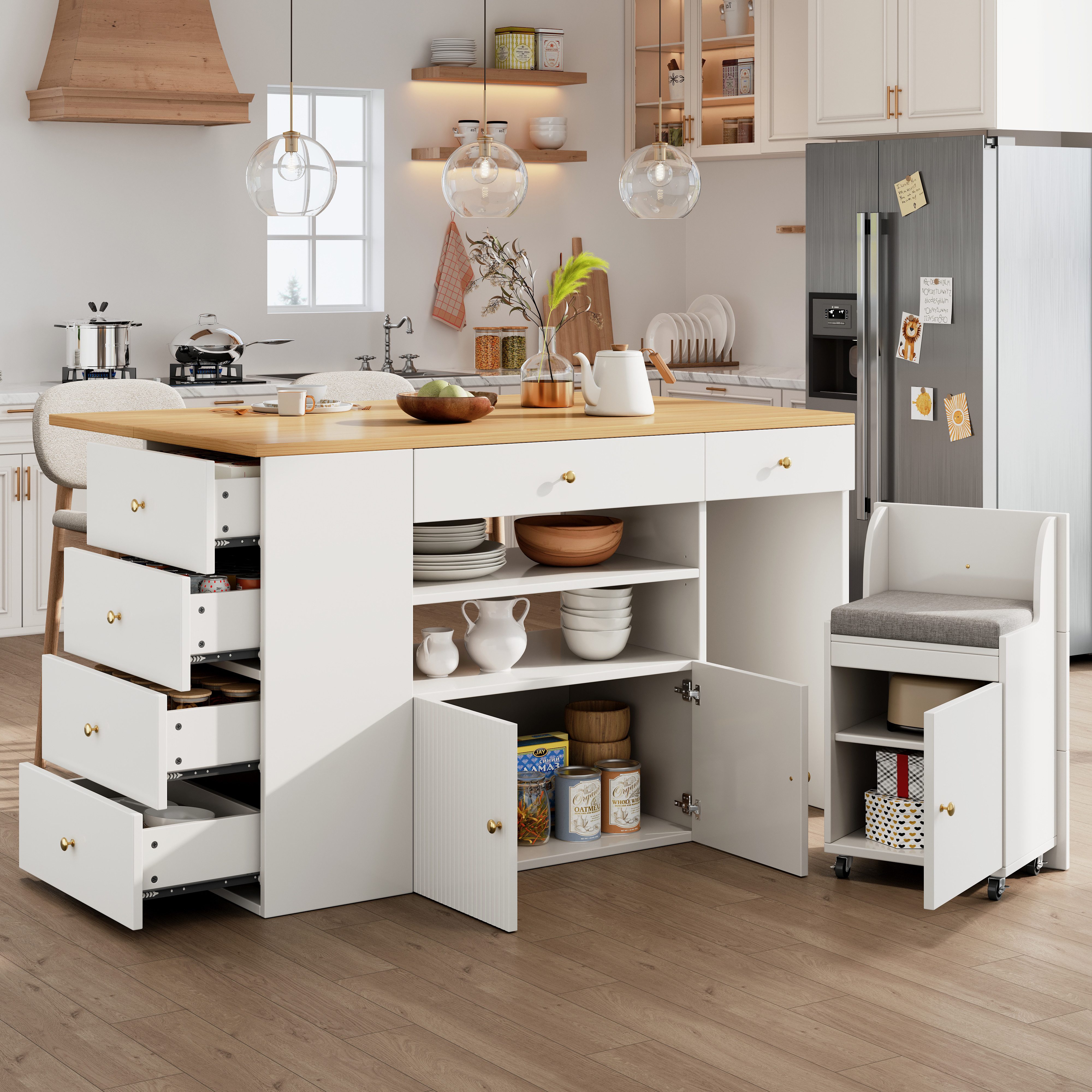 Flieks Kücheninsel mit Barhockern, erweiterbarer Arbeitsplatte, 6 Schubladen und 2 Türen, (klappbare Arbeitsplatte in Holzoptik, Hocker mit …