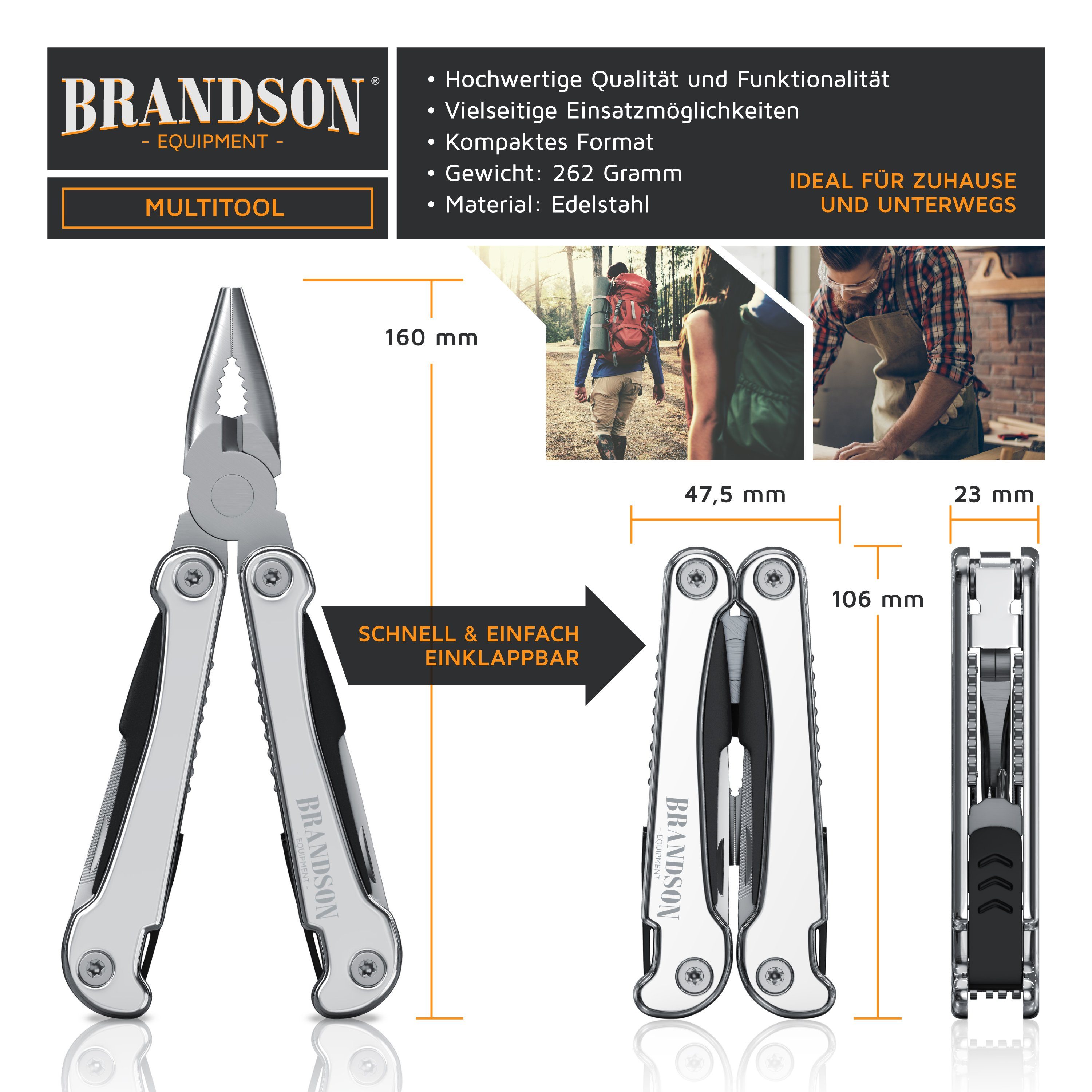 Brandson Multitool, Zange, Dosenöffner, & Schraubendreher Flaschen- Messer, 4 Feile, Säge