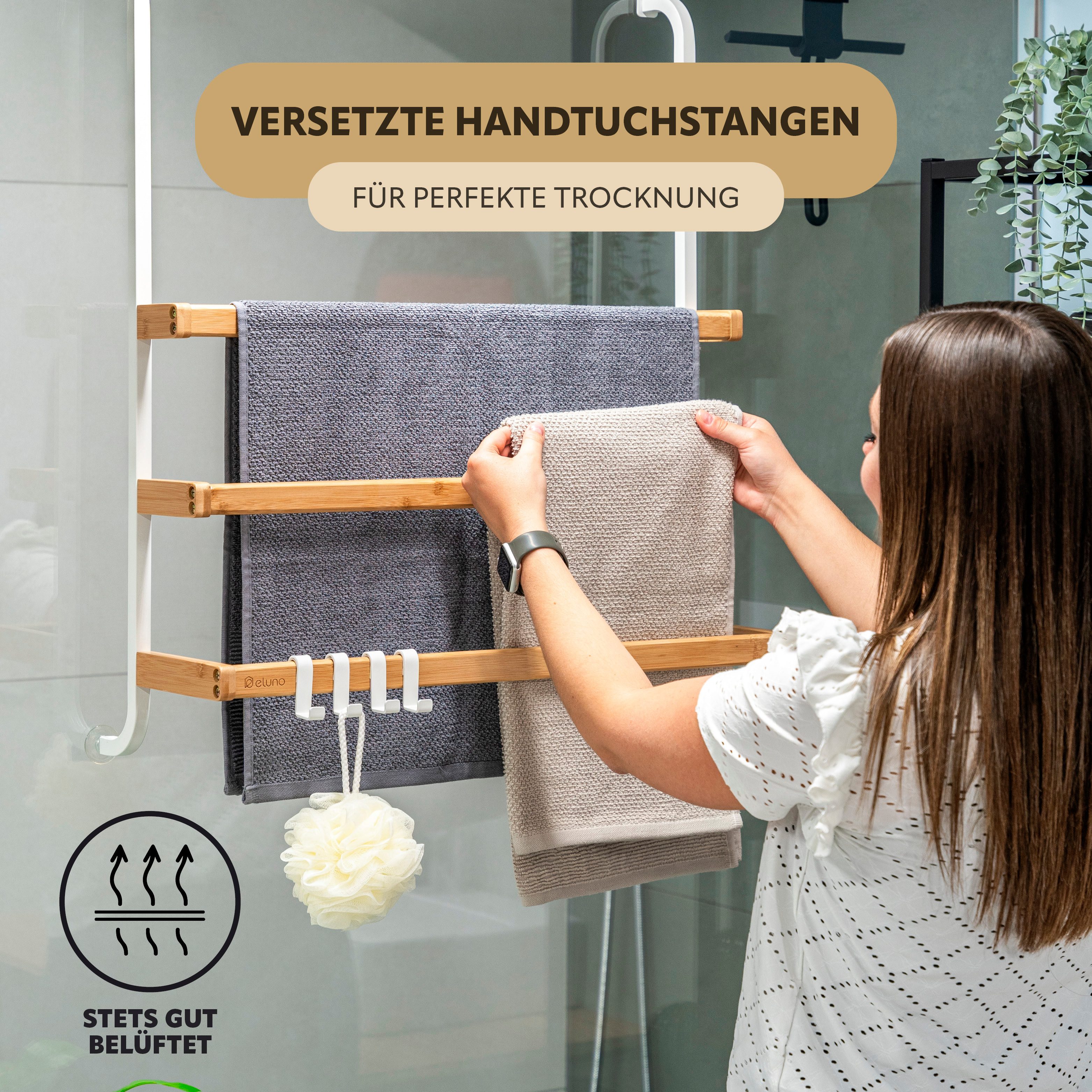 eluno Hängeregal Handtuchhalter für die Glasduschwand aus Metall und Bambus