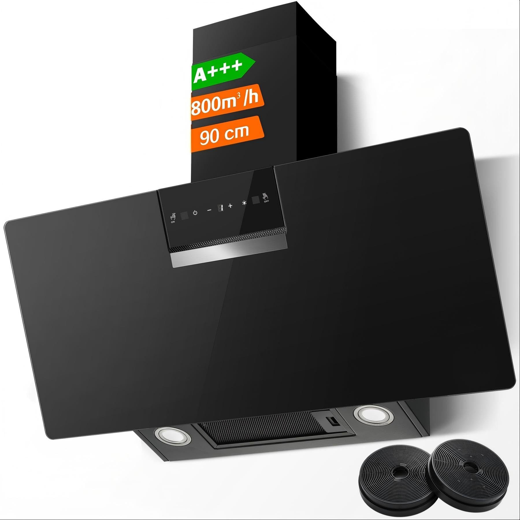 SNDOAS Kopffreihaube Dunstabzugshaube 90cm, A+++ Energieeffizienzklasse, 800 m³/h Saugkraft Dunstabzugshaube 90cm, A+++ Energieeffizienzklasse, 800 m³/h Saugkraft, 3 Stufen + Booster, Touch & Gestensteuerung, Aktivkohlefilter, A+++
