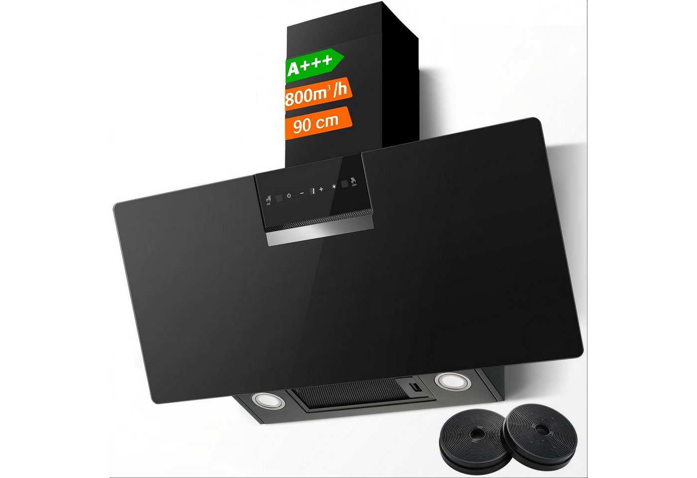 SNDOAS Kopffreihaube Dunstabzugshaube 90cm, A+++ Energieeffizienzklasse, 800 m³/h Saugkraft 3 Stufen + Booster, Touch & Gestensteuerung, Aktivkohlefilter, A+++