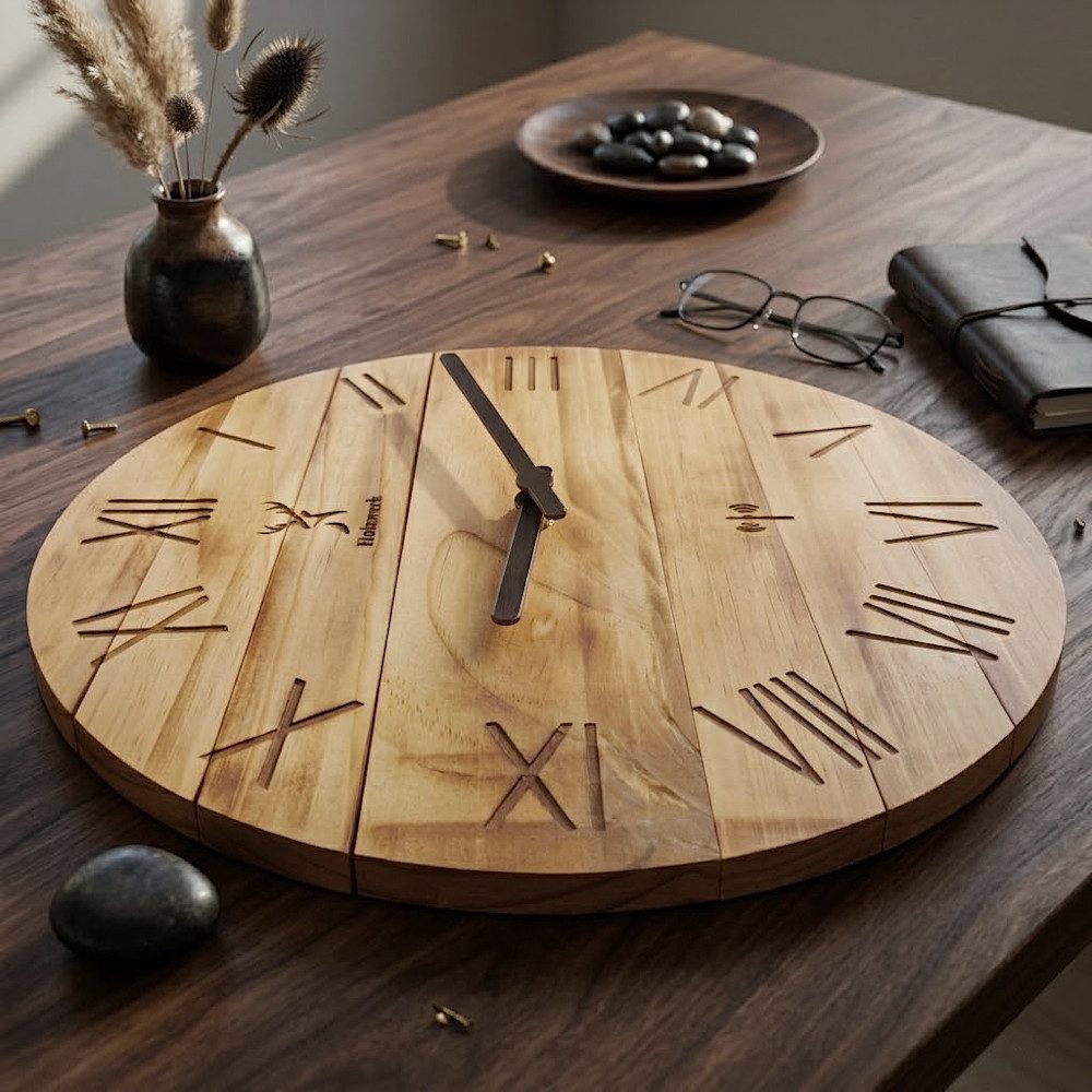 Holzwerk Funkwanduhr Designer Loft Funk Holz Wand Uhr, beige,braun (Nahezu lautloses Uhrwerk, analog, 35 cm)