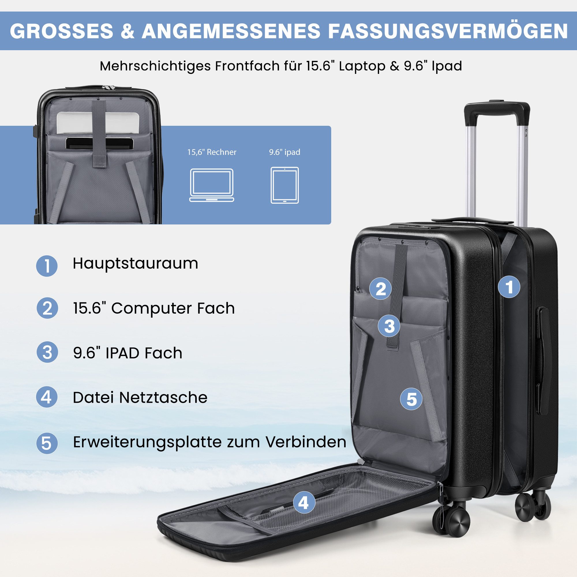 ChaCool Business-Koffer Trolleys mit Laptopfach, Leichter Rollkoffer aus ABS-Hartschale, 38×26×57.5 cm, 40L, Robustes und Leichtes Reisegepäck