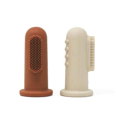 Mushie Zahnbürste Fingerzahnbürste Clay/Shifting Sand, 2er Set, aus Silikon, BPA-frei, Babyzahnbürste, Rot/Beige