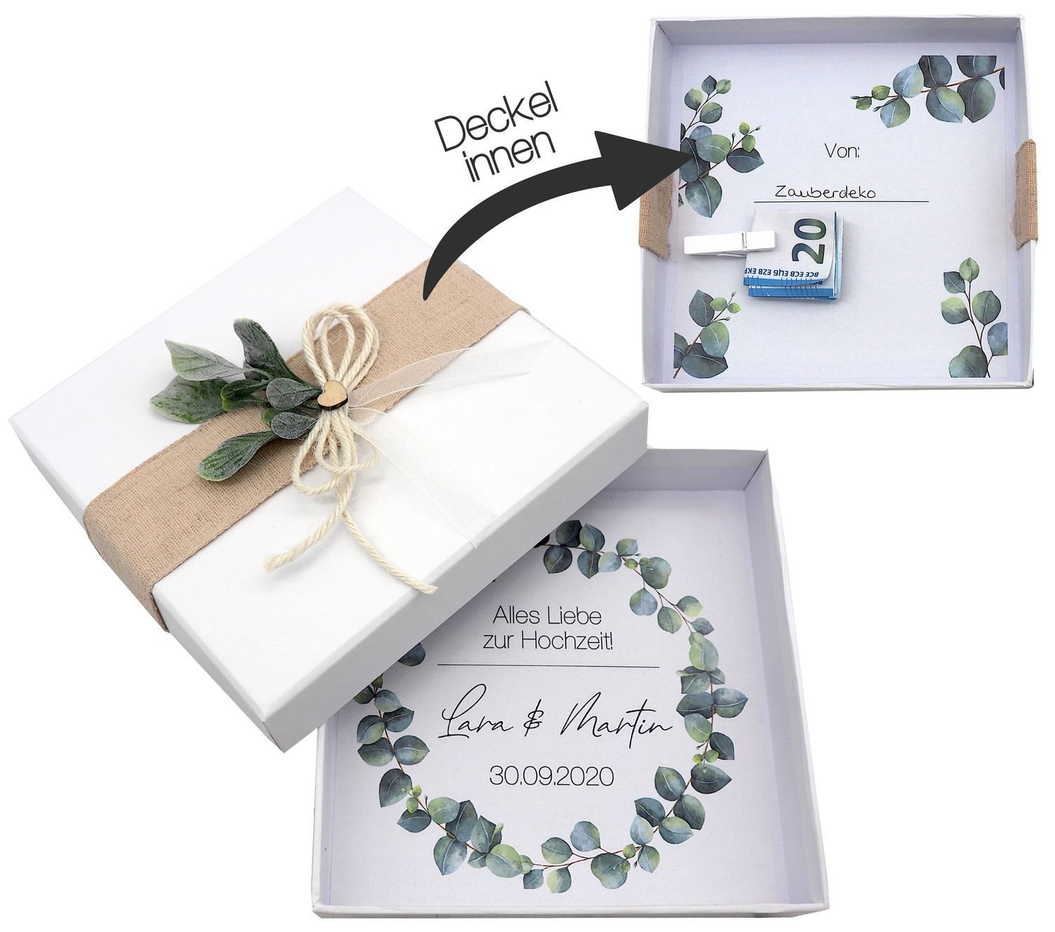 ZauberDeko Geschenkbox Geldgeschenk Verpacken MIT NAME Geschenk Hochzeit Herz Weiß Eukalyptus