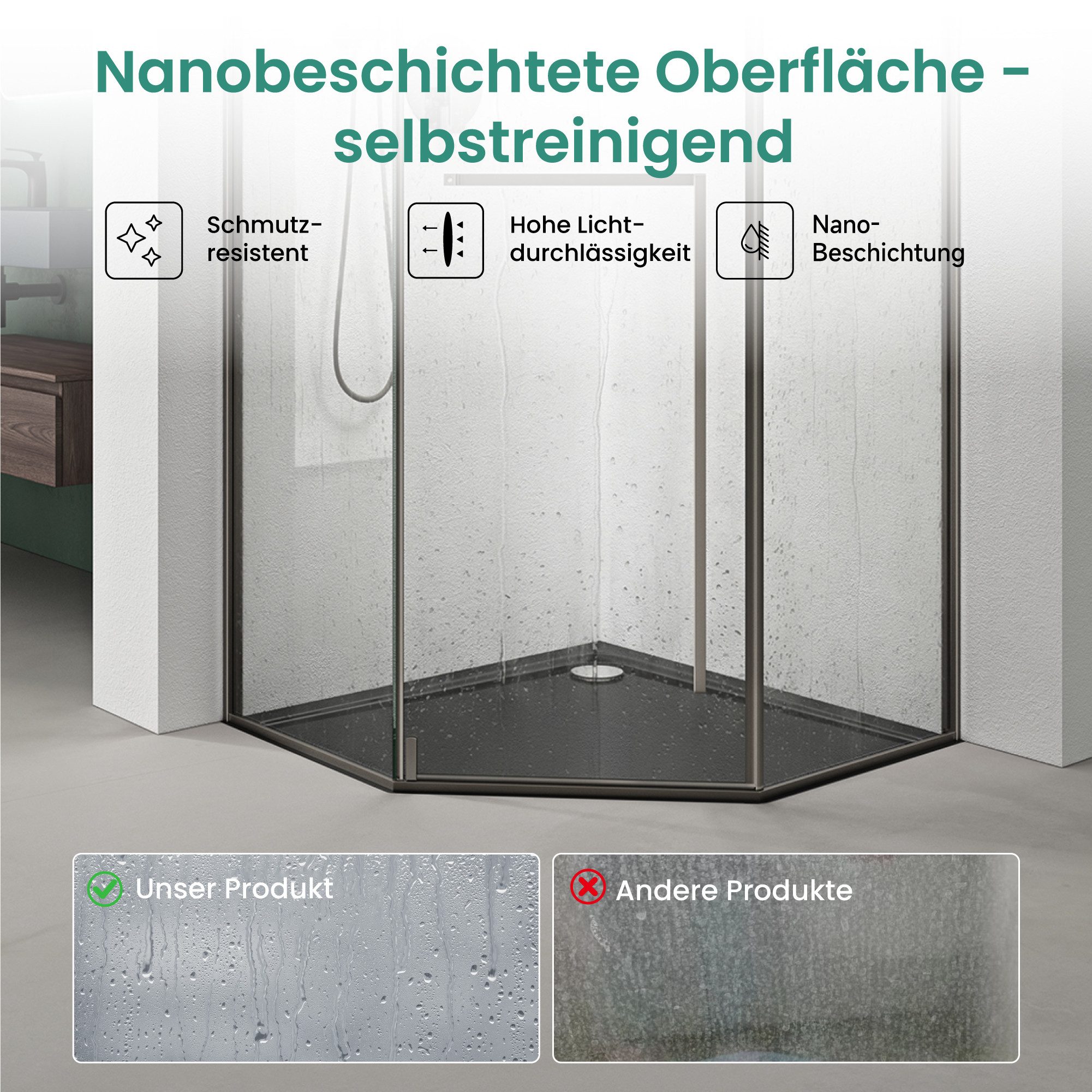Mai & Mai Fünfeckdusche Duschkabine Eckdusche 8mm ESG-Glas mit Nano H:200cm Rav68K-P, BxT: 80x80 cm, Sicherheitsglas, Nano-Beschichtung, ESG-Glas – Bild 4 von 5