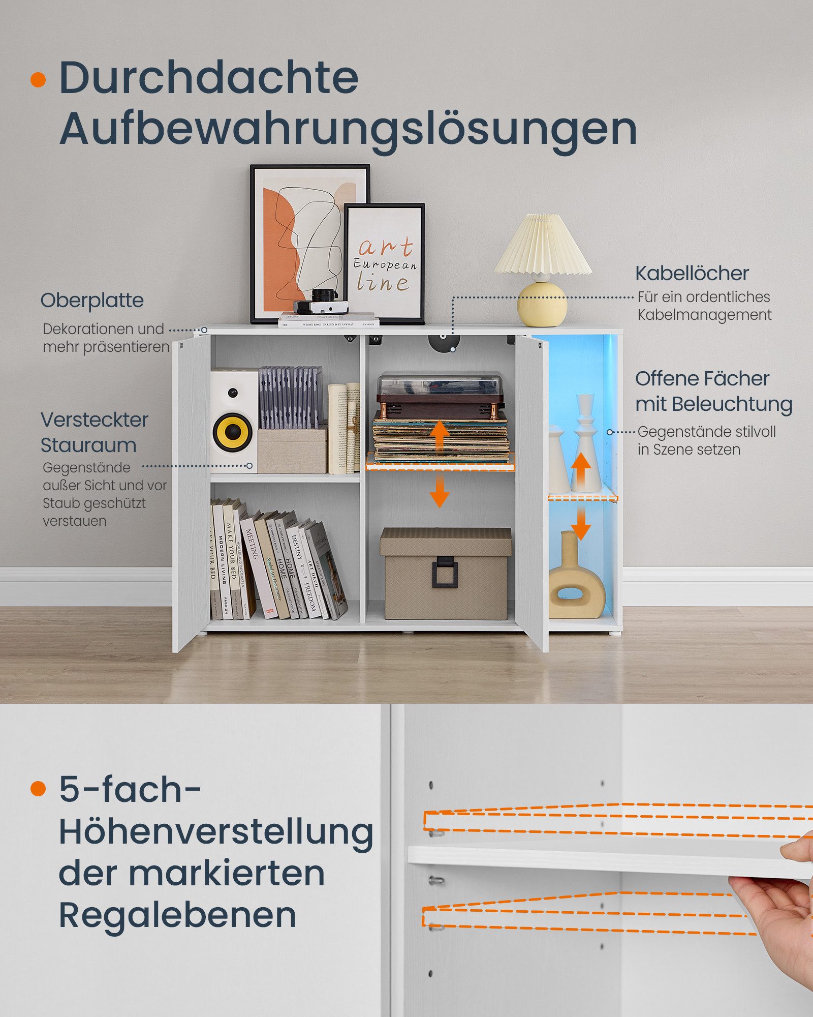 SONGMICS HOME Sideboard Aufbewahrungsschrank mit LED-Beleuchtung (TV-Schrank, Glasablage, Toolless-Technologie, Aufbewahrungsschrank, 1 St., Superschnelle werkz – Bild 5 von 5