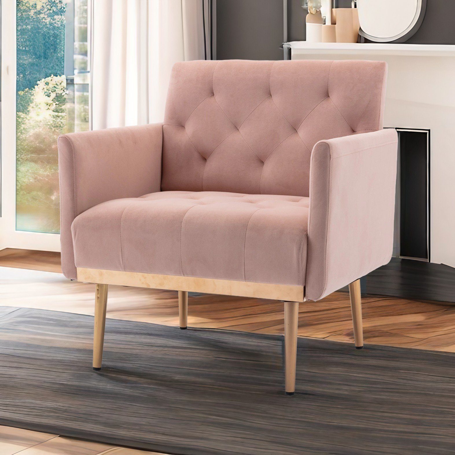 REDOM Esszimmerstuhl Freizeitsessel mit roségoldenen Füßen,Vierbeiniger Stuhl, Akzentstuhl rosa