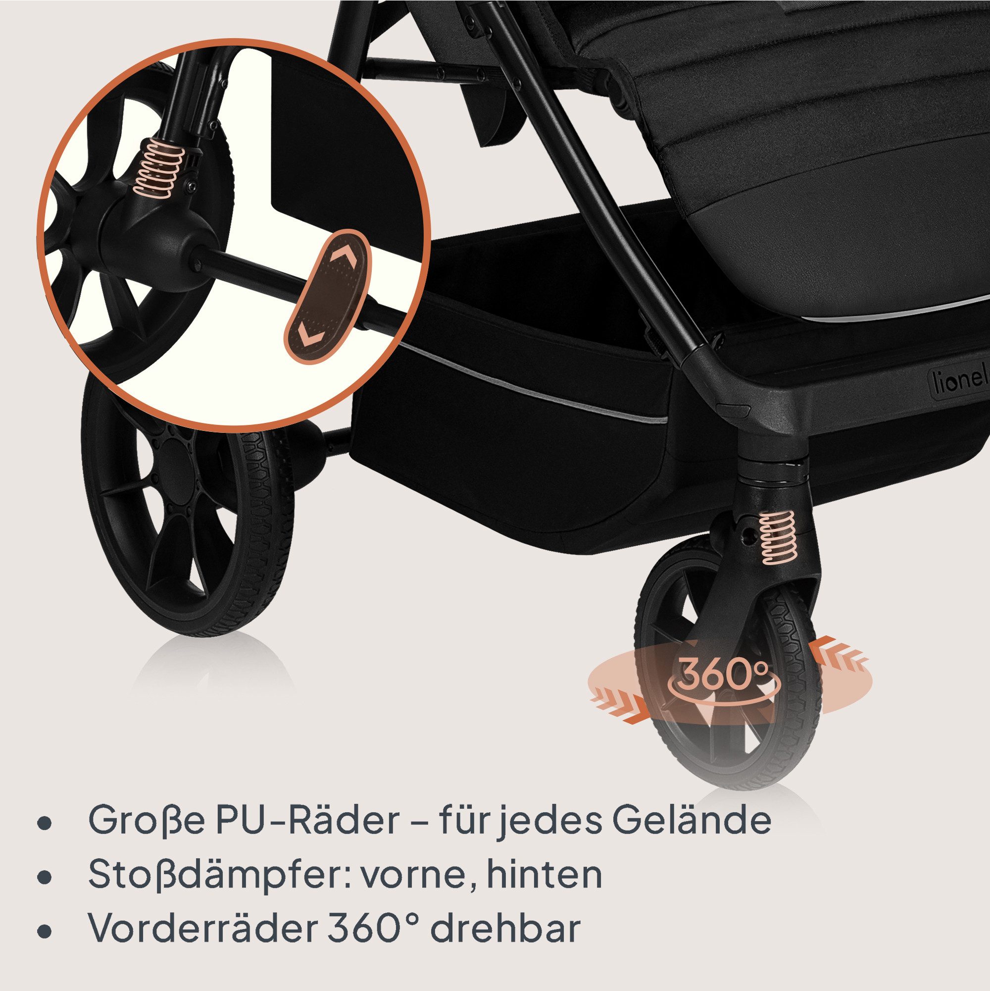 lionelo Kinder-Buggy MIRA, (Set mit Getränkehalter und Moskitonetz), XXL-Verdeck/UPF50+/92 cm Liegefläche/großer Korb/PU-Räder