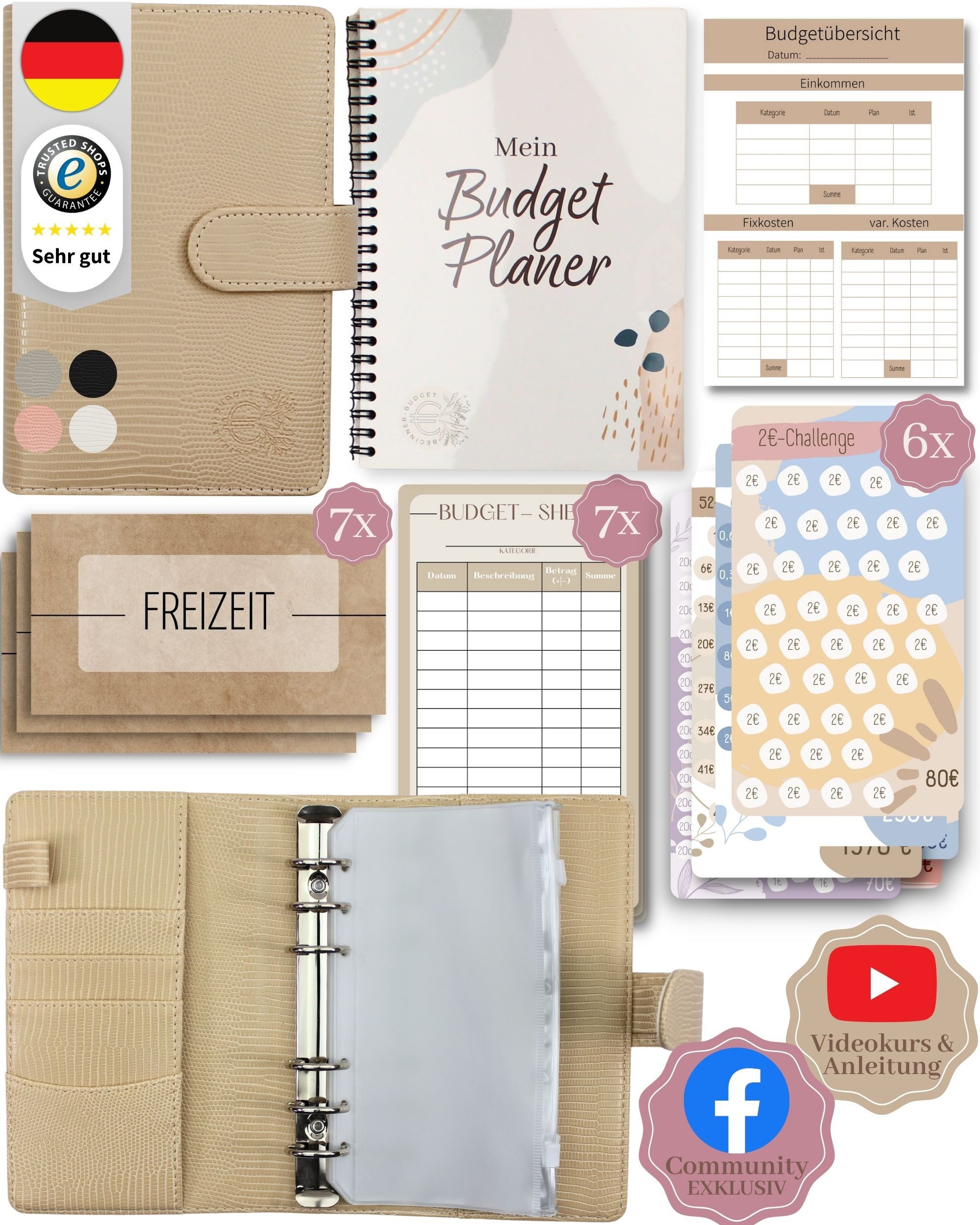 BeginnerBudget Ringbuchkalender Budget Planner & Haushaltsbuch Starter-Set: Sparbuch & Spar-Challenges, Sparen mit Umschlagmethode + Anleitung - Ringbuch - Binder A6
