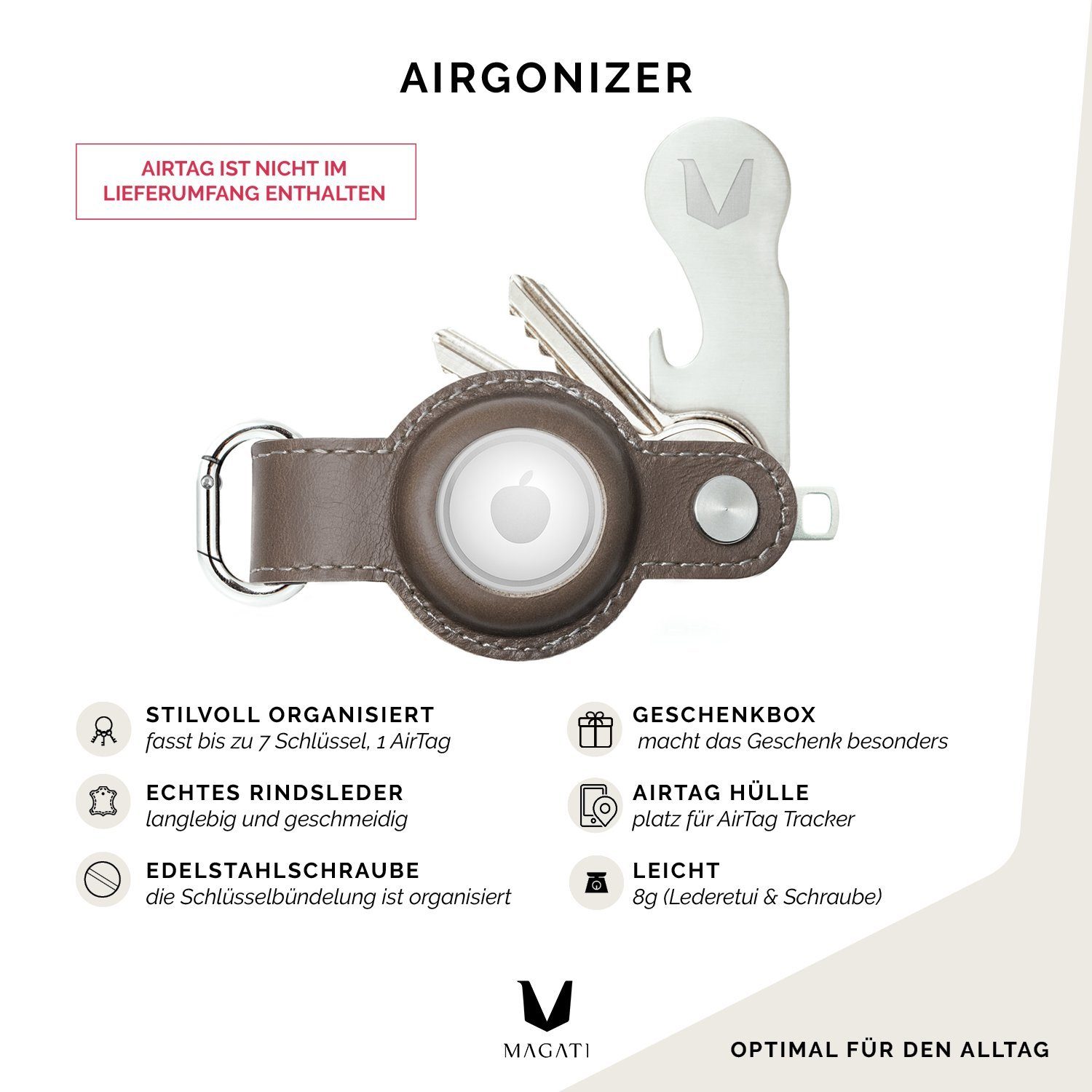 (kompatibel Einkaufswagenlöser inkl. Schlüssel aus Tracker), Airgonizer Schlüsseltasche mit Apple Airtag MAGATI Schlüsseletui für & 1-7 Mokka Schlüsselfundservice Echtleder