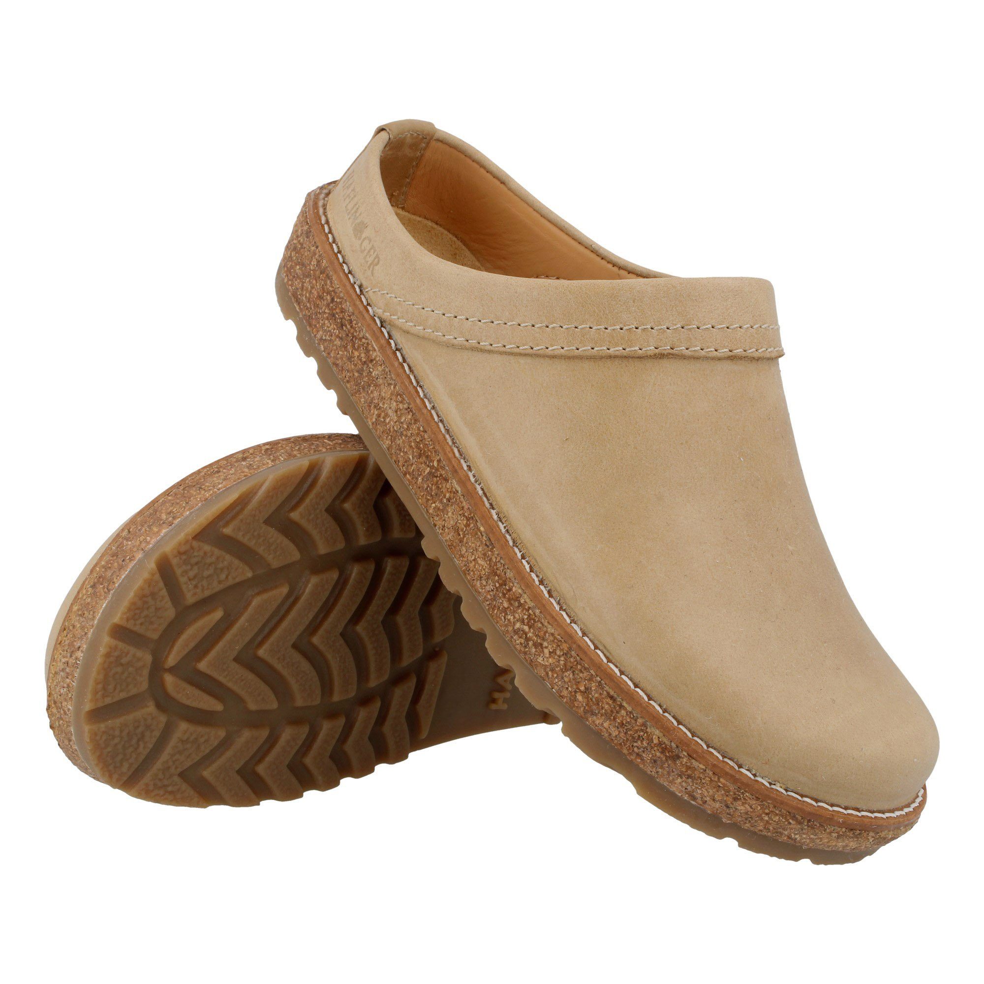 Haflinger Travel Classic Eleganter Clog aus Leder mit Korkfußbett und Gummisohle Hausschuh