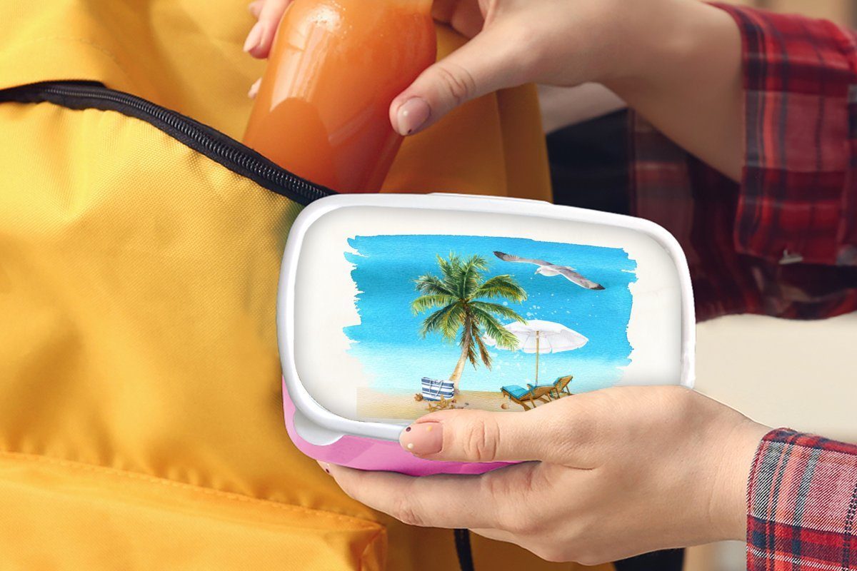 Snackbox, - Kunststoff Brotbox Sonnenschirm Erwachsene, Mädchen, Kunststoff, Strand, rosa - - MuchoWow Kinder, Lunchbox für (2-tlg), Strandkorb Palmen Brotdose