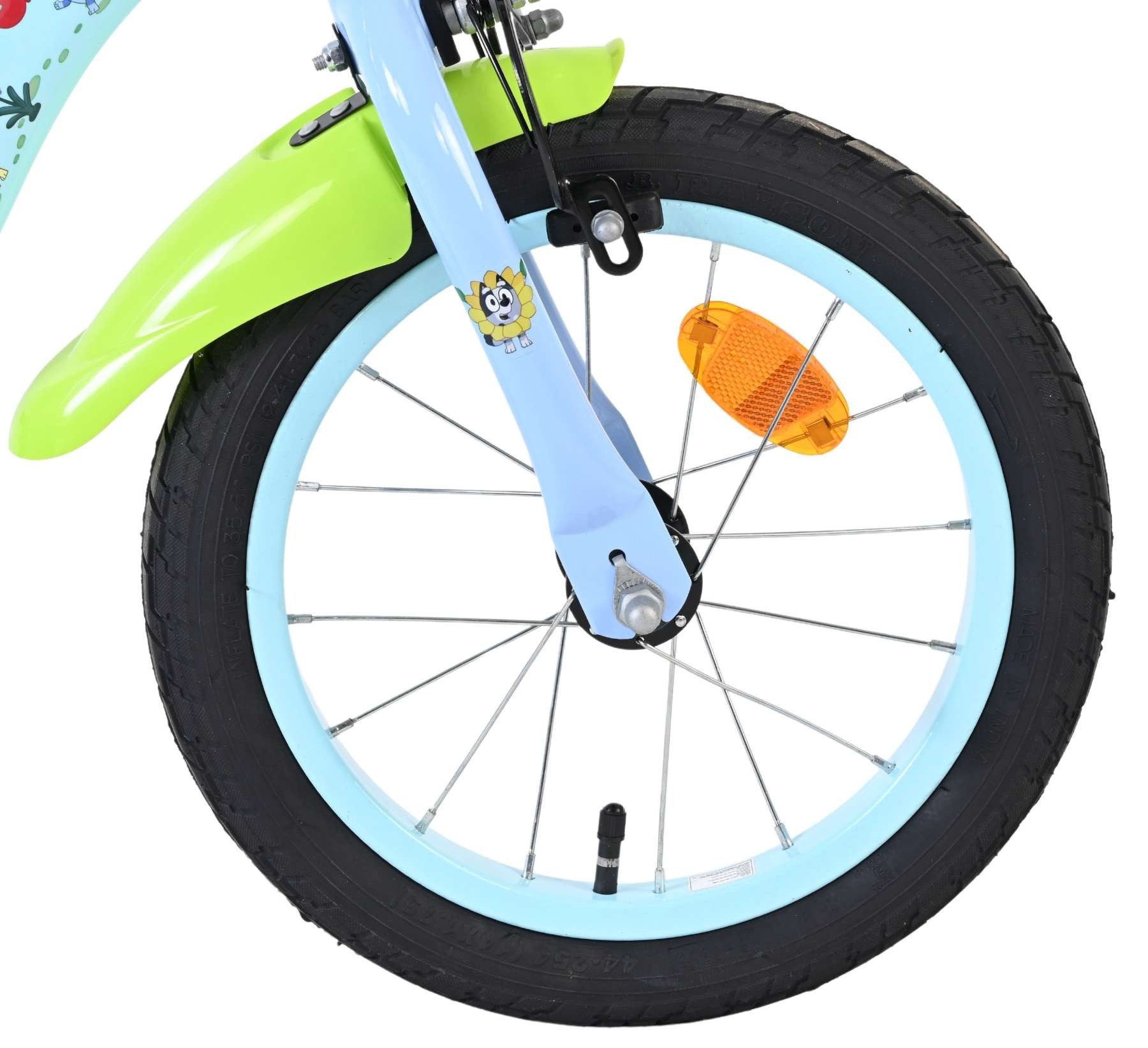 Volare Kinderfahrrad Bluey 14 Zoll Hellblau mit Stützrädern, Handbremse & Rücktrittbremse, Neongrüne Schutzbleche, geschlossener Kettenkasten, Stahlfelgen