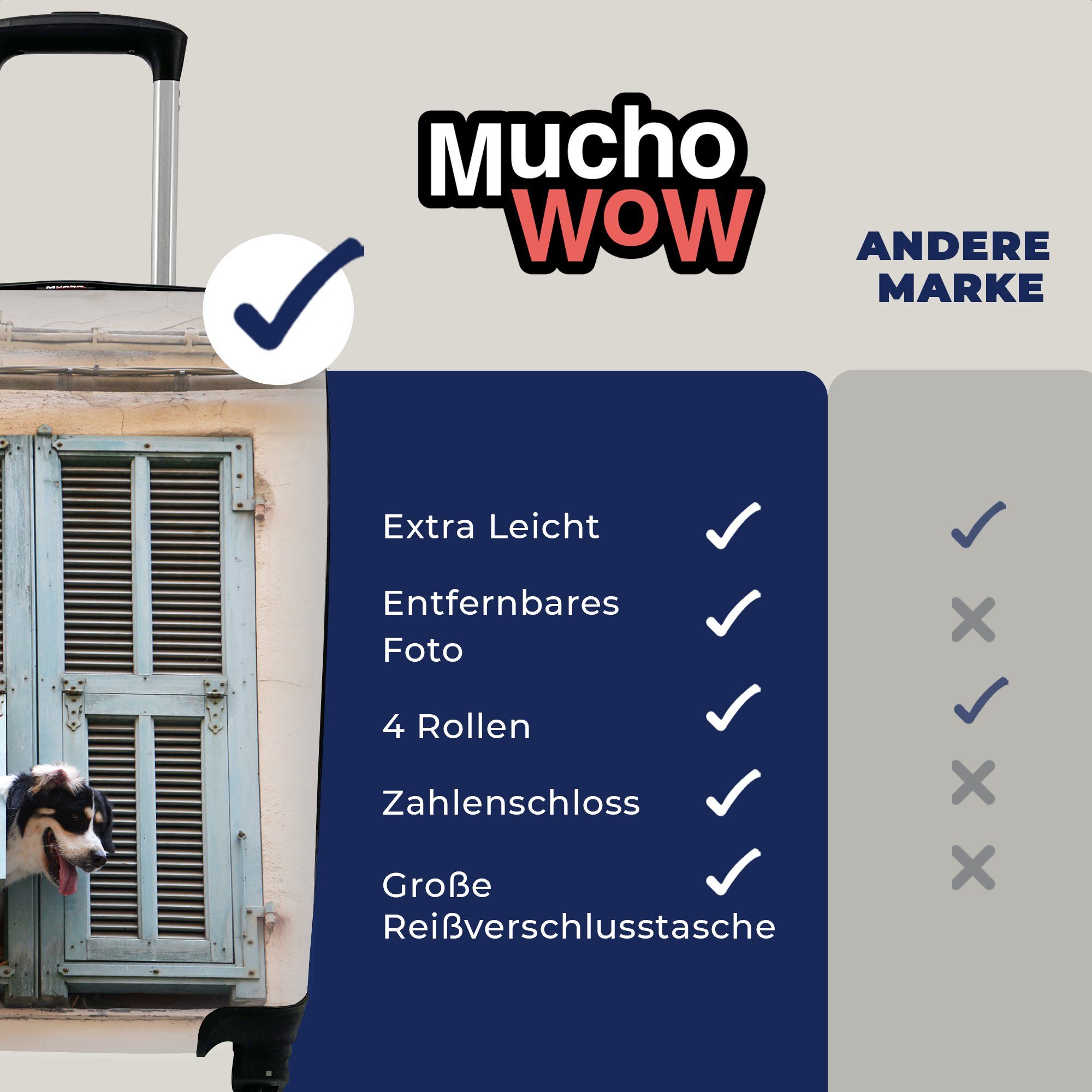 eine MuchoWow 4 Ferien, für Reisetasche Hund Trolley, Rollen, rollen, Luke, Handgepäckkoffer durch schaut mit Reisekoffer Handgepäck